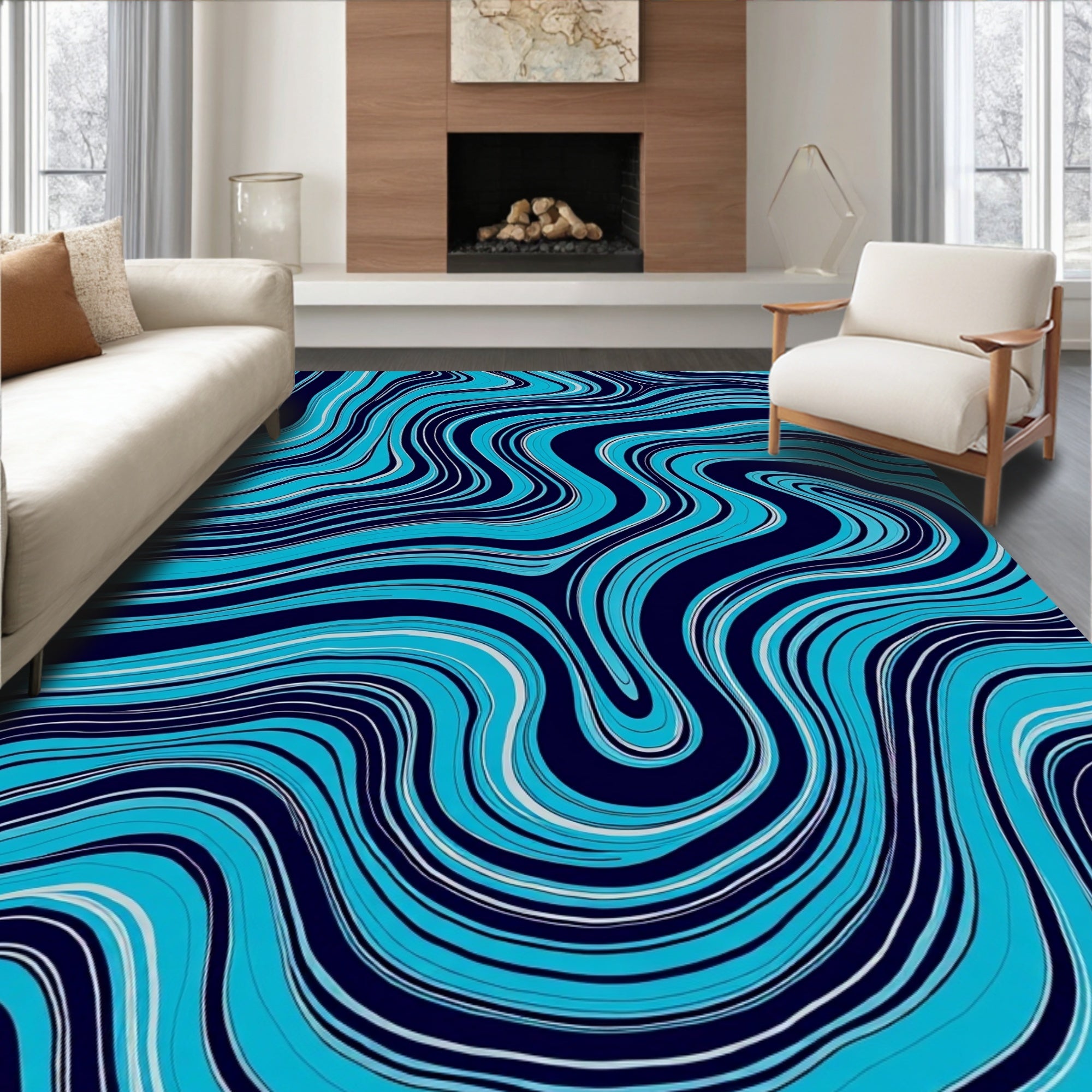 Abstract Blue Wavy Lines Pattern Rug