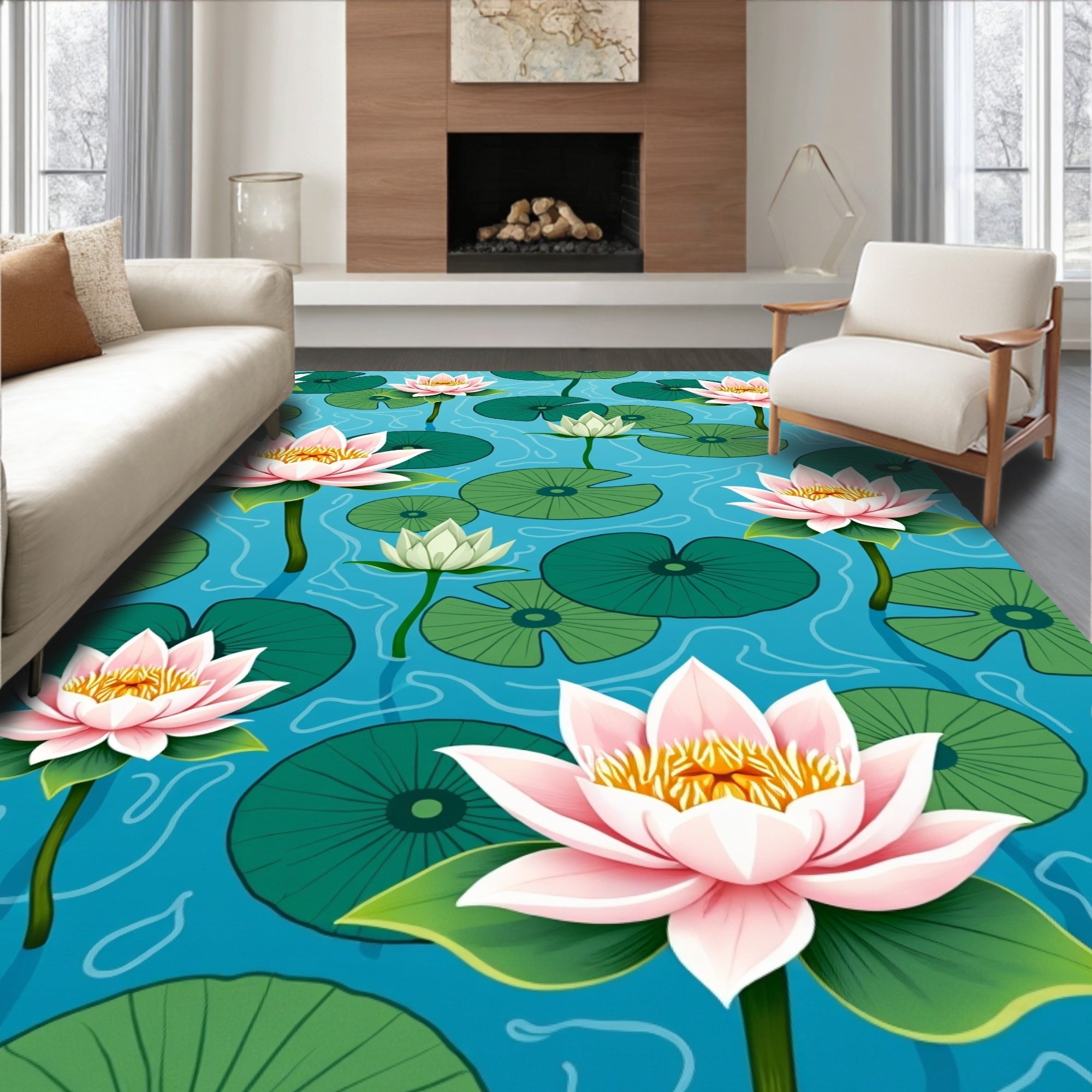 Water Lilies and Lily Pads Print Rug