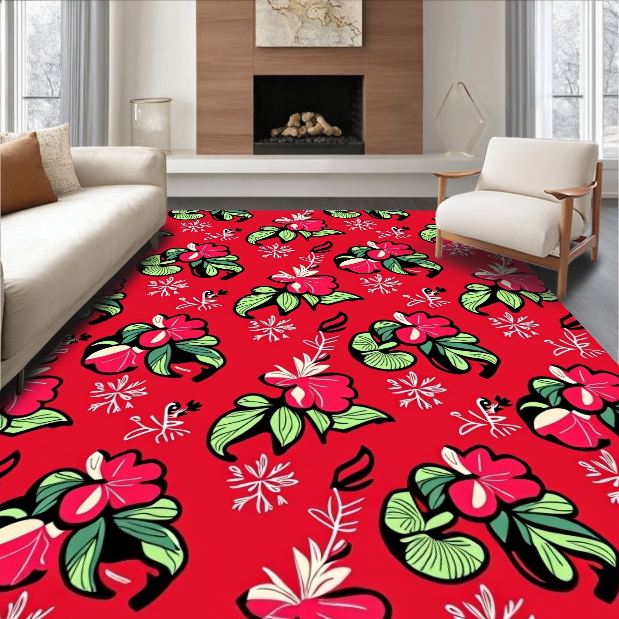 Vibrant Red Tropical Floral Whimsical Rug