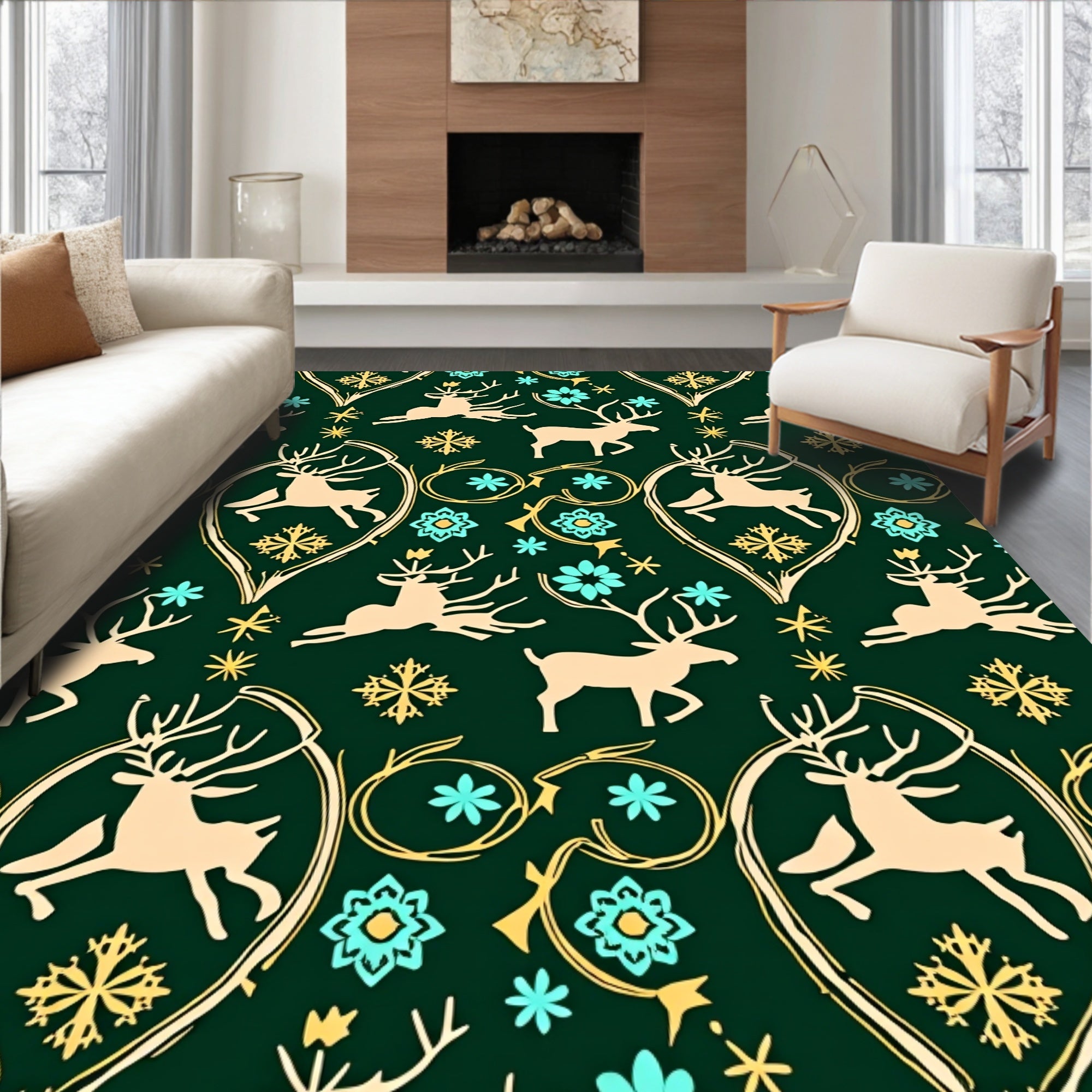 Tan Reindeer Teal Snowflake Whimsical Rug