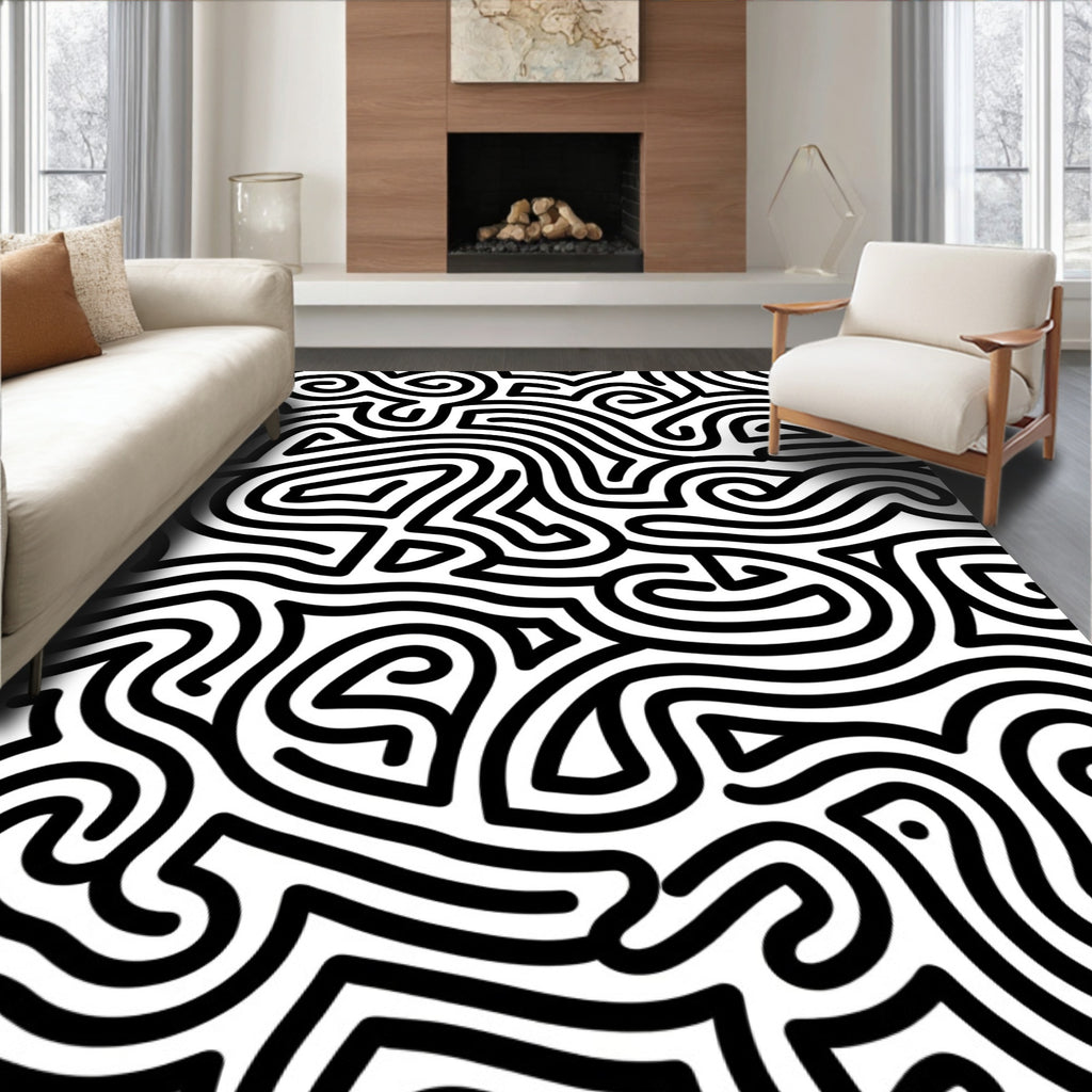 Abstract Black Swirl Line Pattern Rug