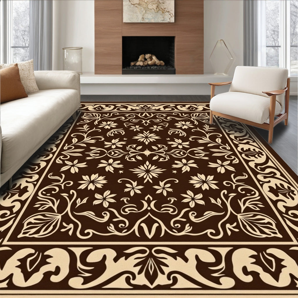 Ornate Floral Garden Cream Brown Rug