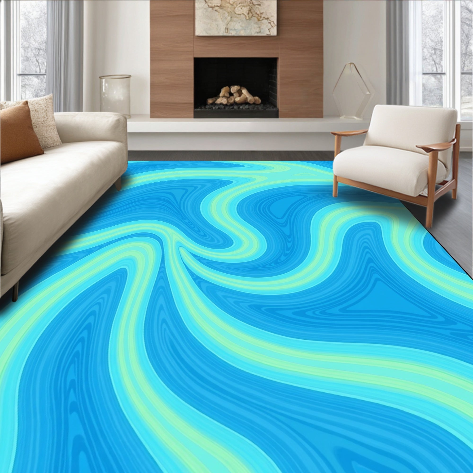 Abstract Flowing Aqua And Blue Swirls Rug