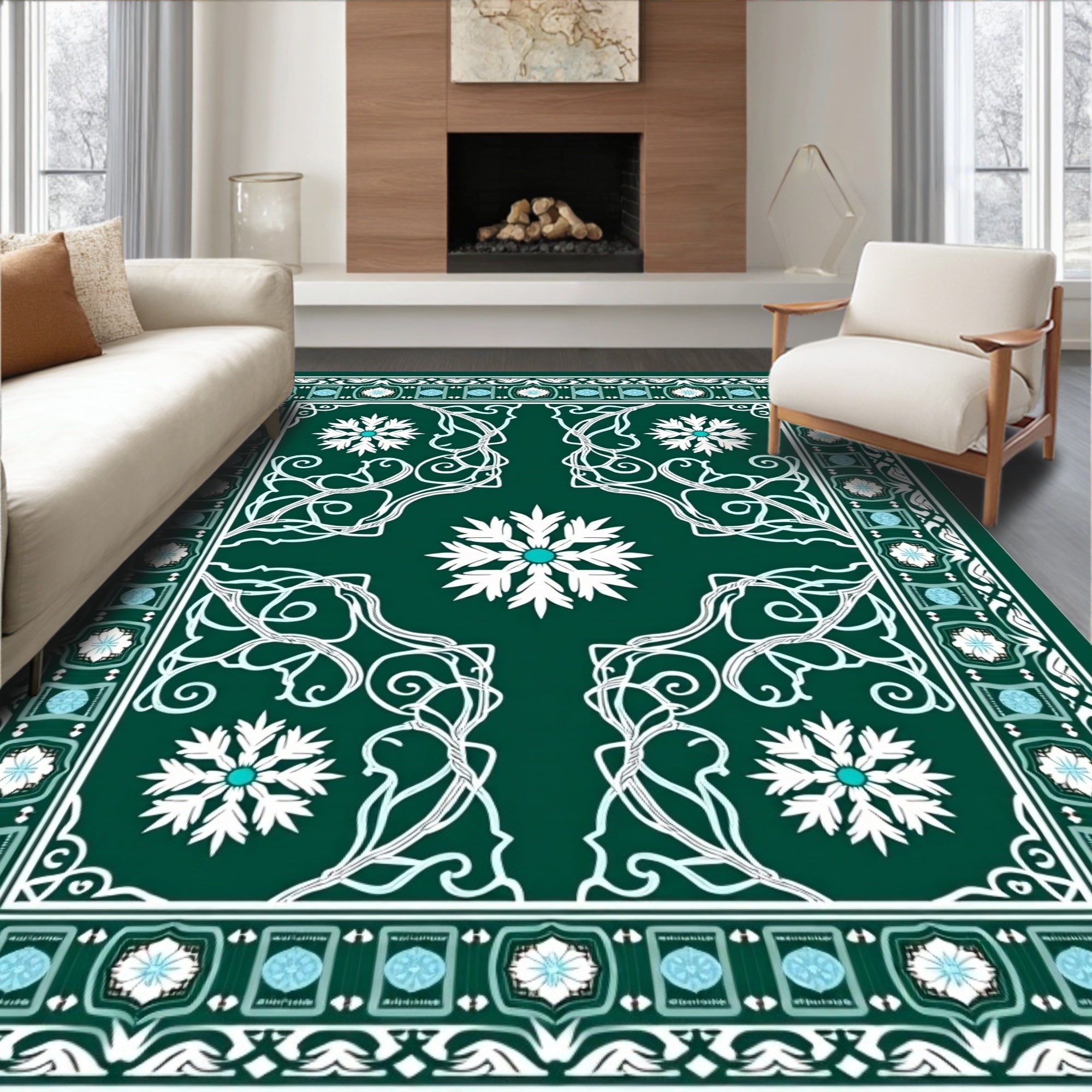 Emerald Snow Flurry Floral Border Rug