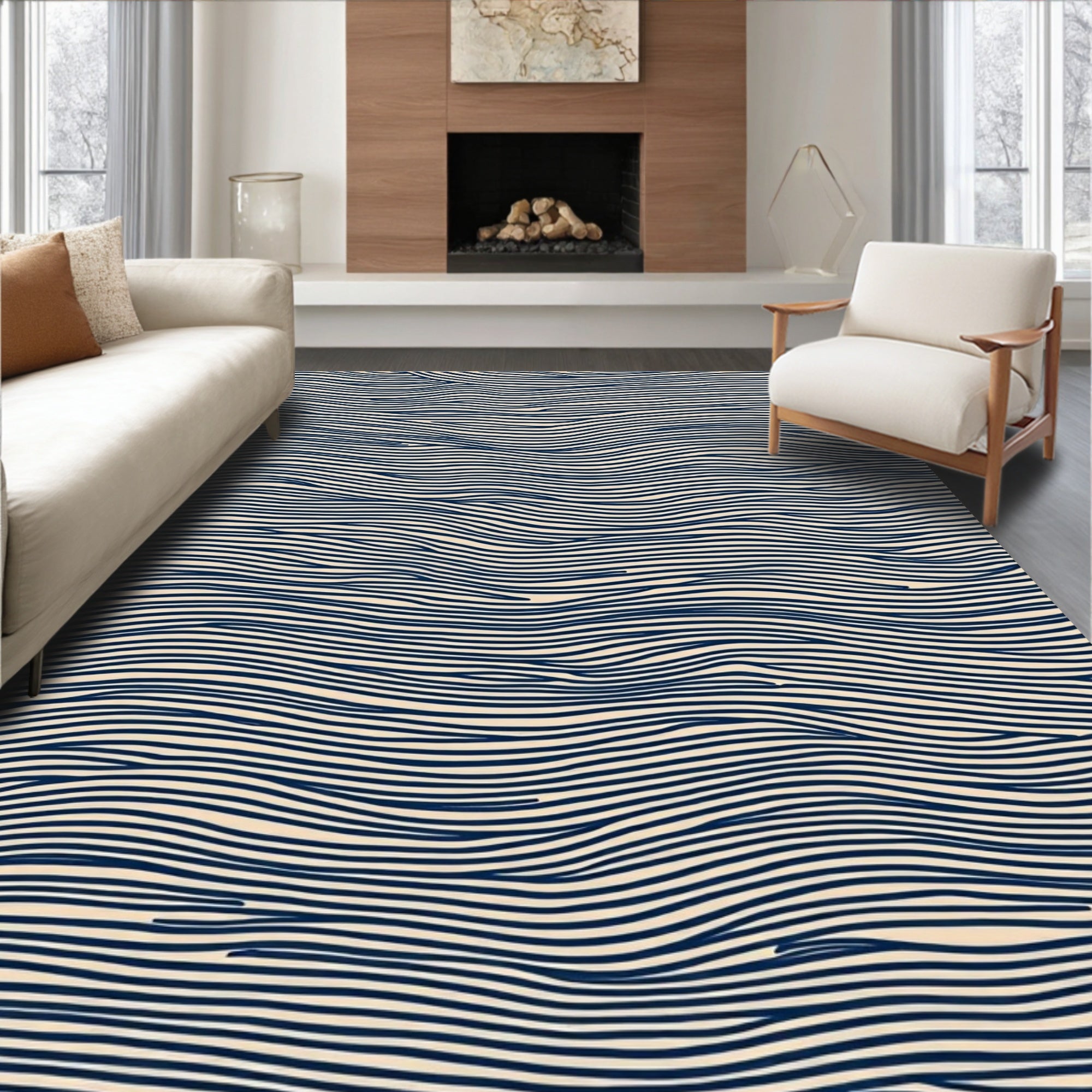 Navy Wavy Lines Pattern Rug