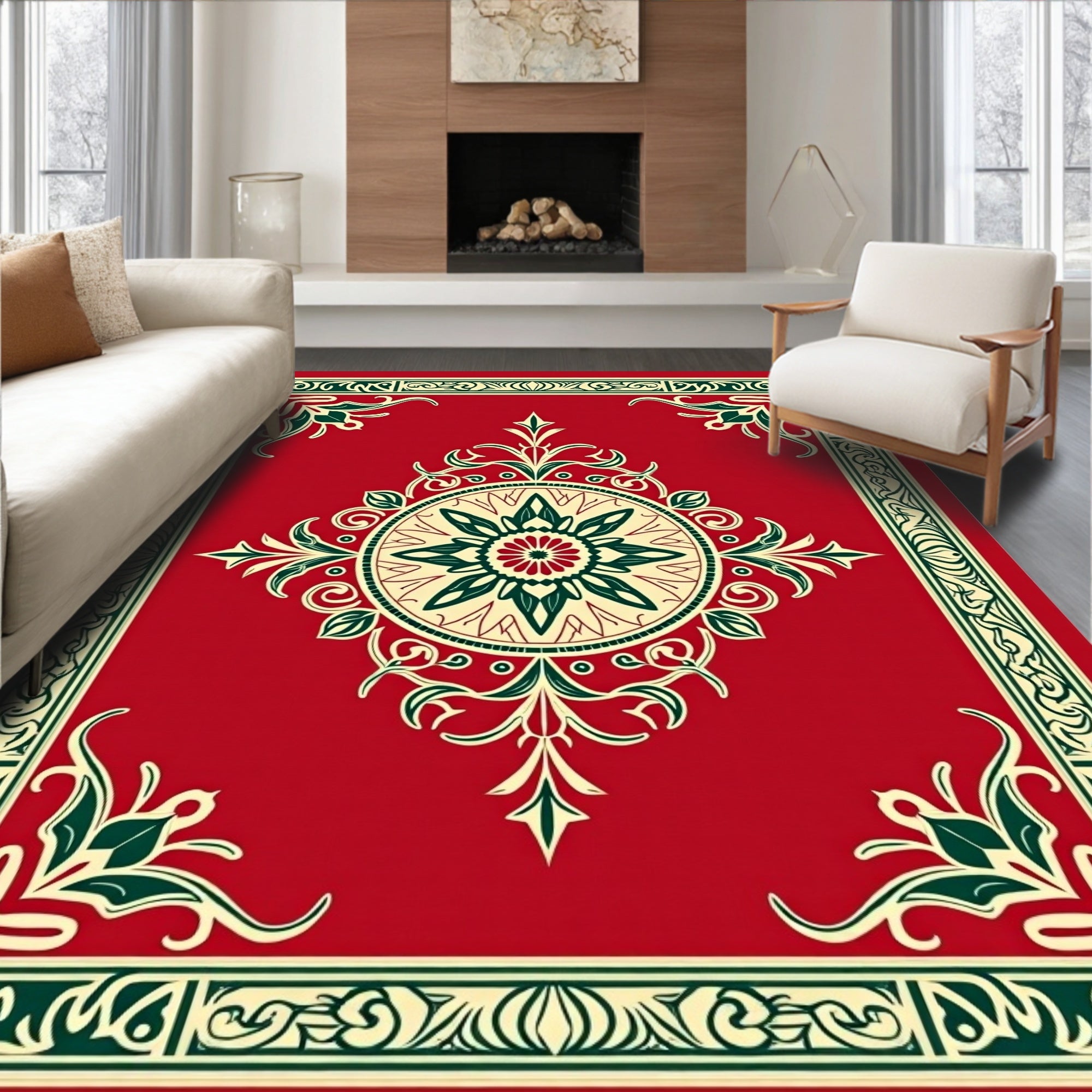 Red Floral Mandala Border Design Rug