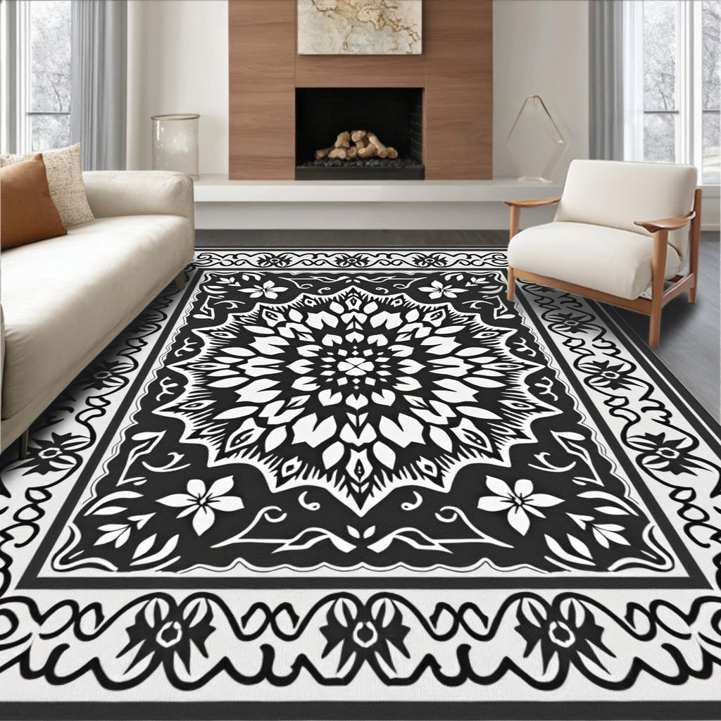 Monochromatic Floral Mandala Pattern Rug