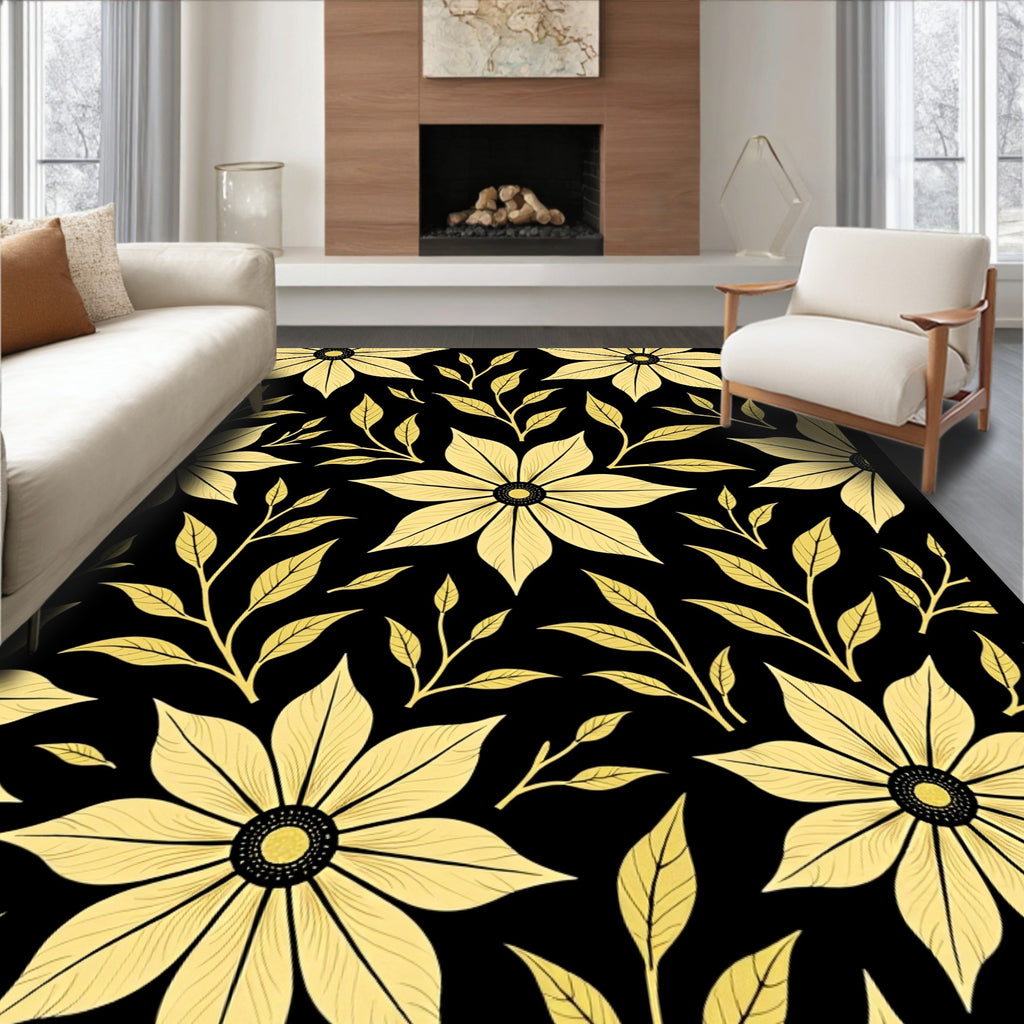 Golden Floral Vines on Black Background Rug