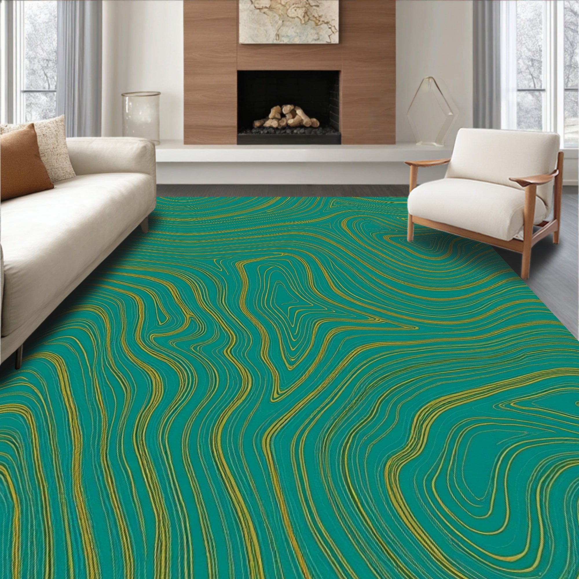 Abstract Teal Gold Swirl Rug