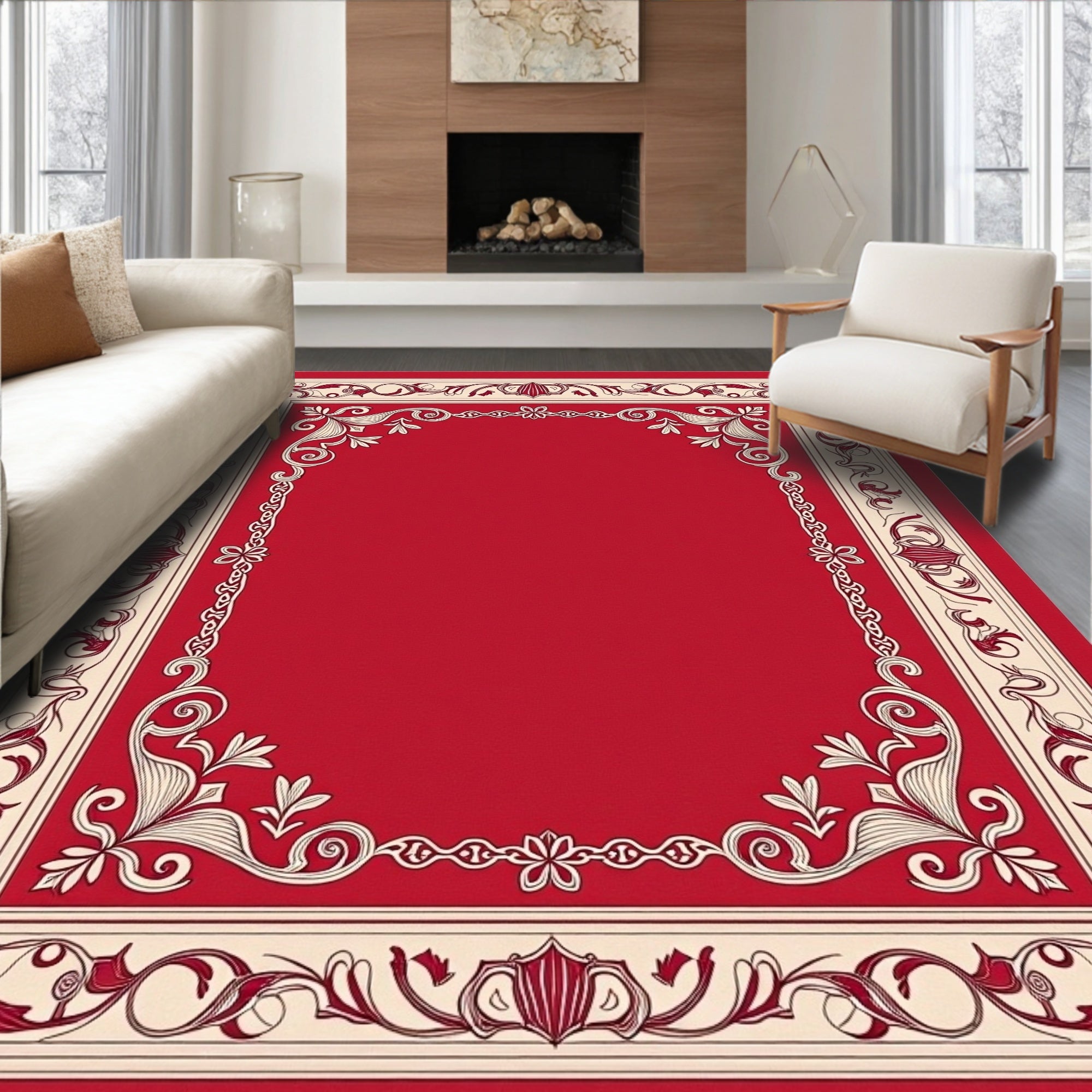 Ornate Red Cream Floral Scroll Frame Rug