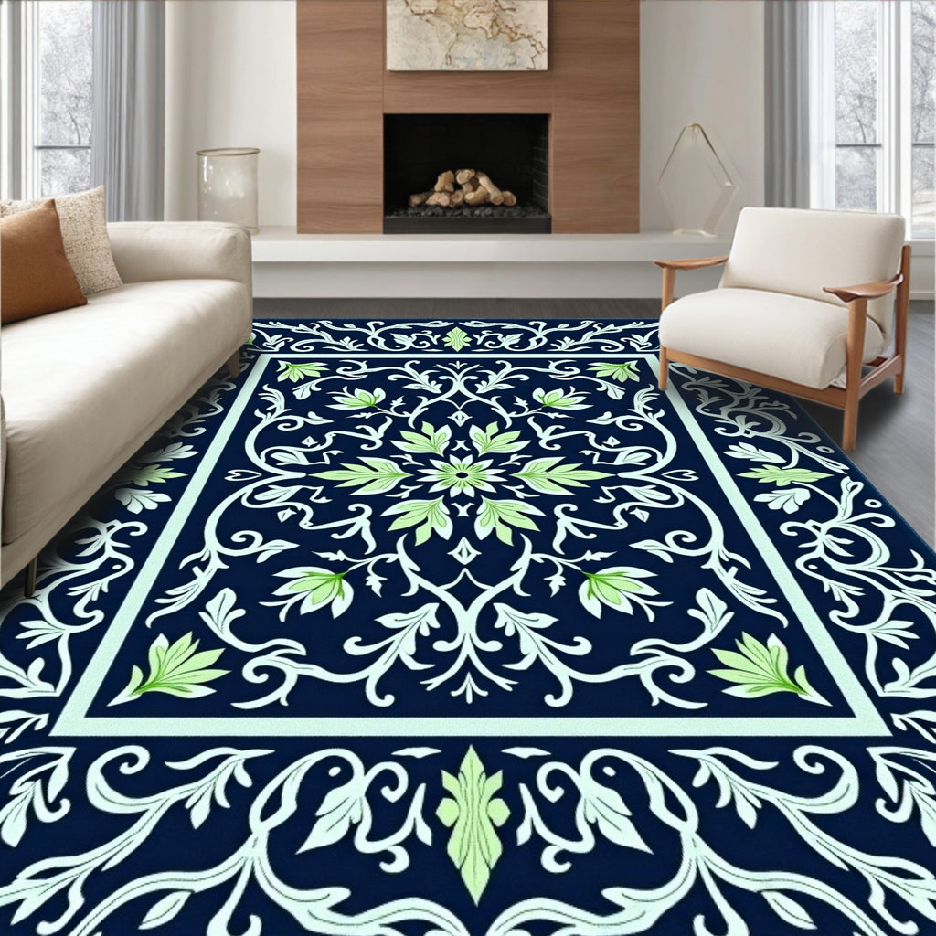 Navy Blue Light Green Floral Medallion Rug
