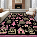 Whimsical Pink Village Snowflake Illustration Rug