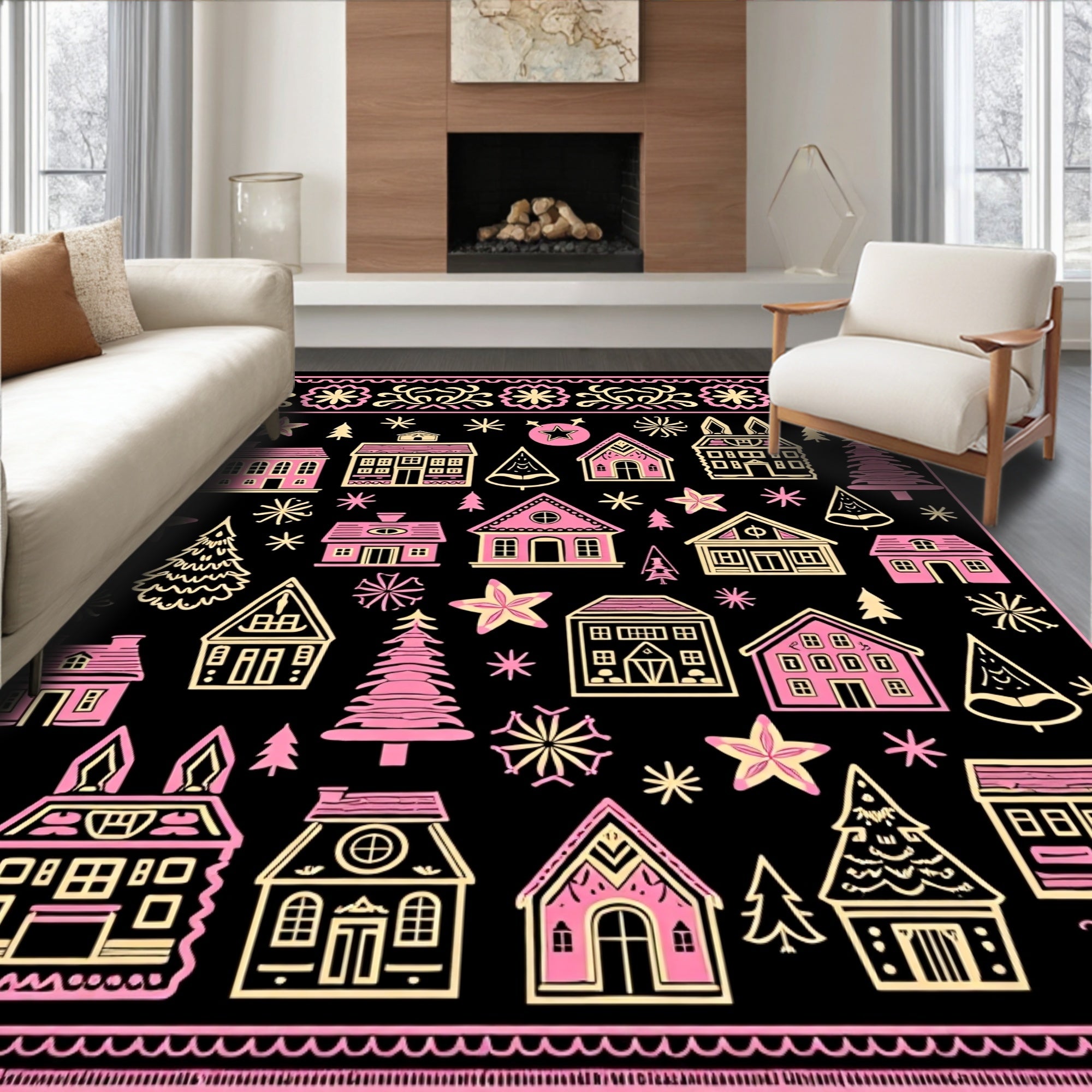 Whimsical Pink Village Snowflake Illustration Rug