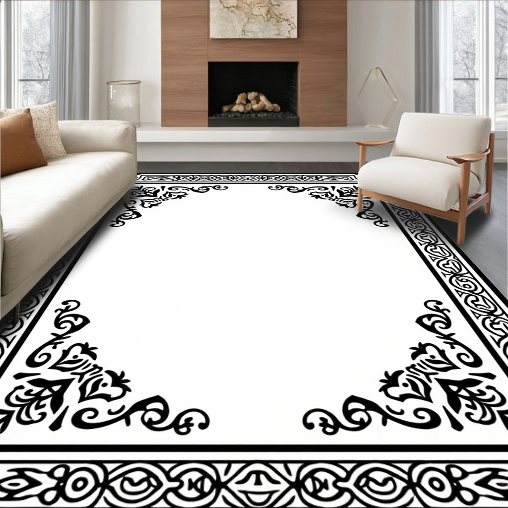 Black Intricate Floral Border Design Rug