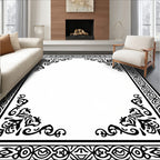 Black Intricate Floral Border Design Rug