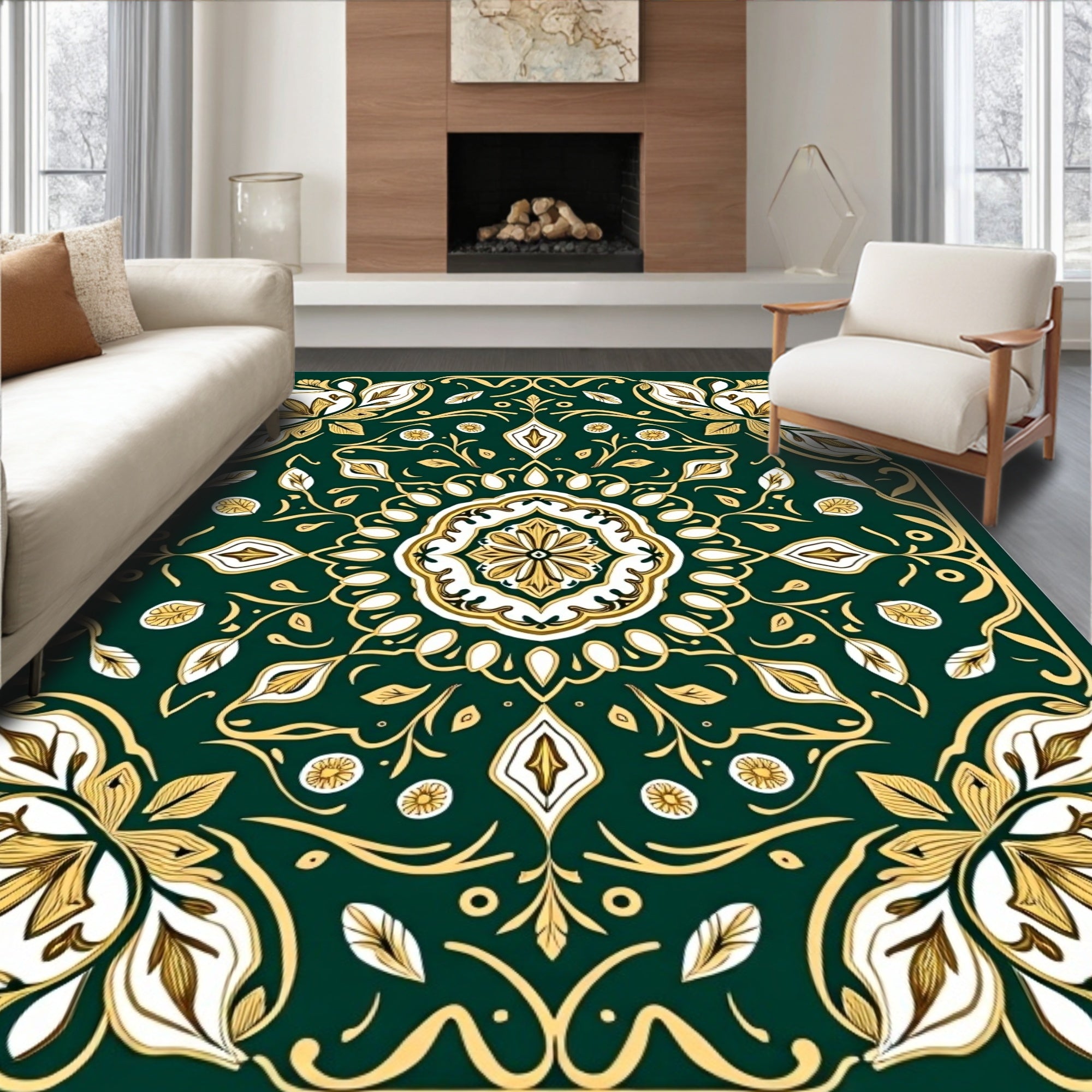 Emerald Gold Floral Mandala Rug