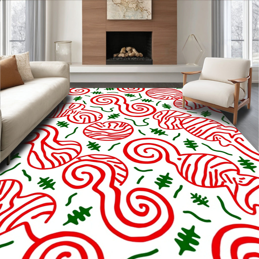 Red White Swirls And Green Sprigs Rug