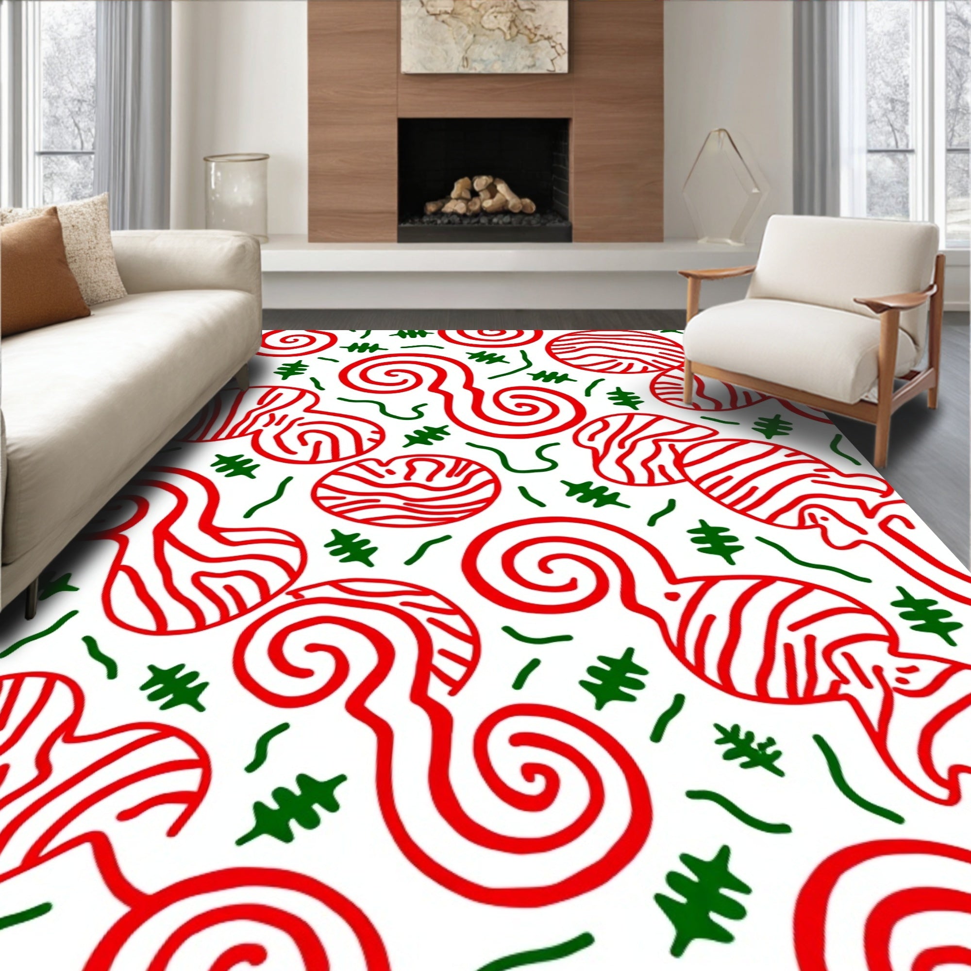 Red White Swirls And Green Sprigs Rug