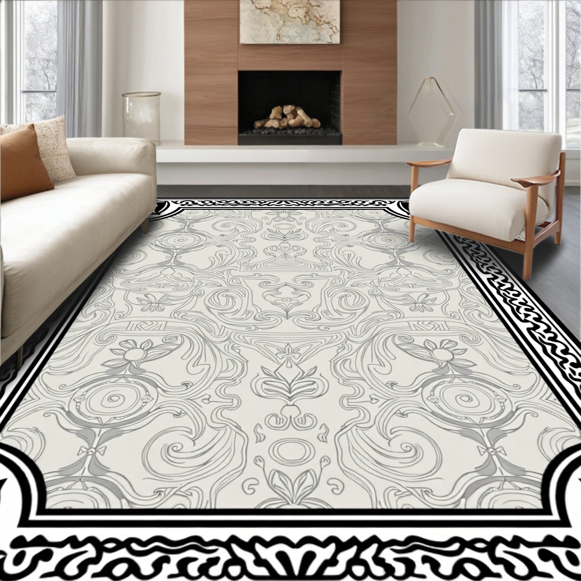 Elegant Black White Floral Scroll Pattern Rug