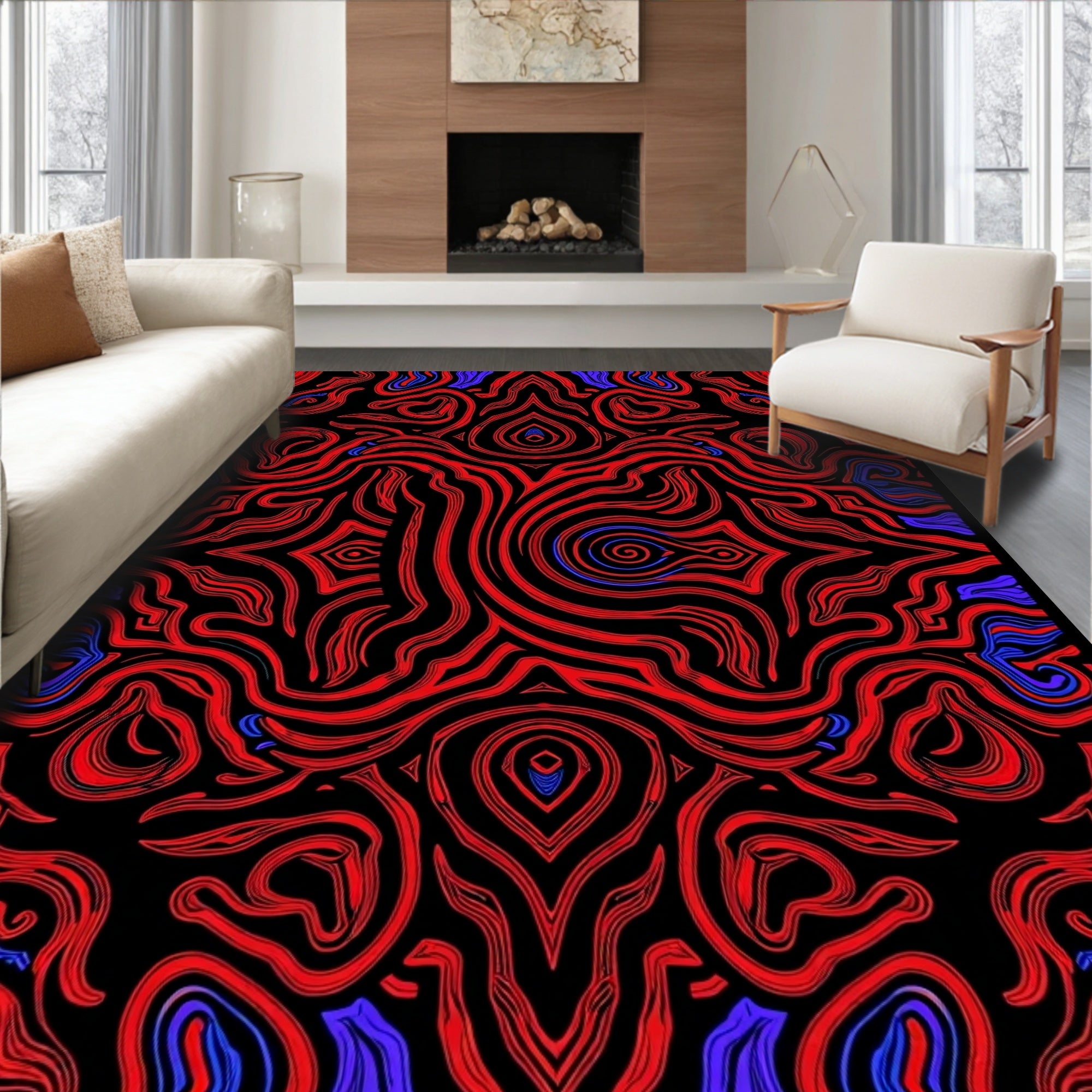 Intricate Red Blue Organic Pattern Rug