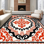 Red Black Floral Scroll Motif Rug