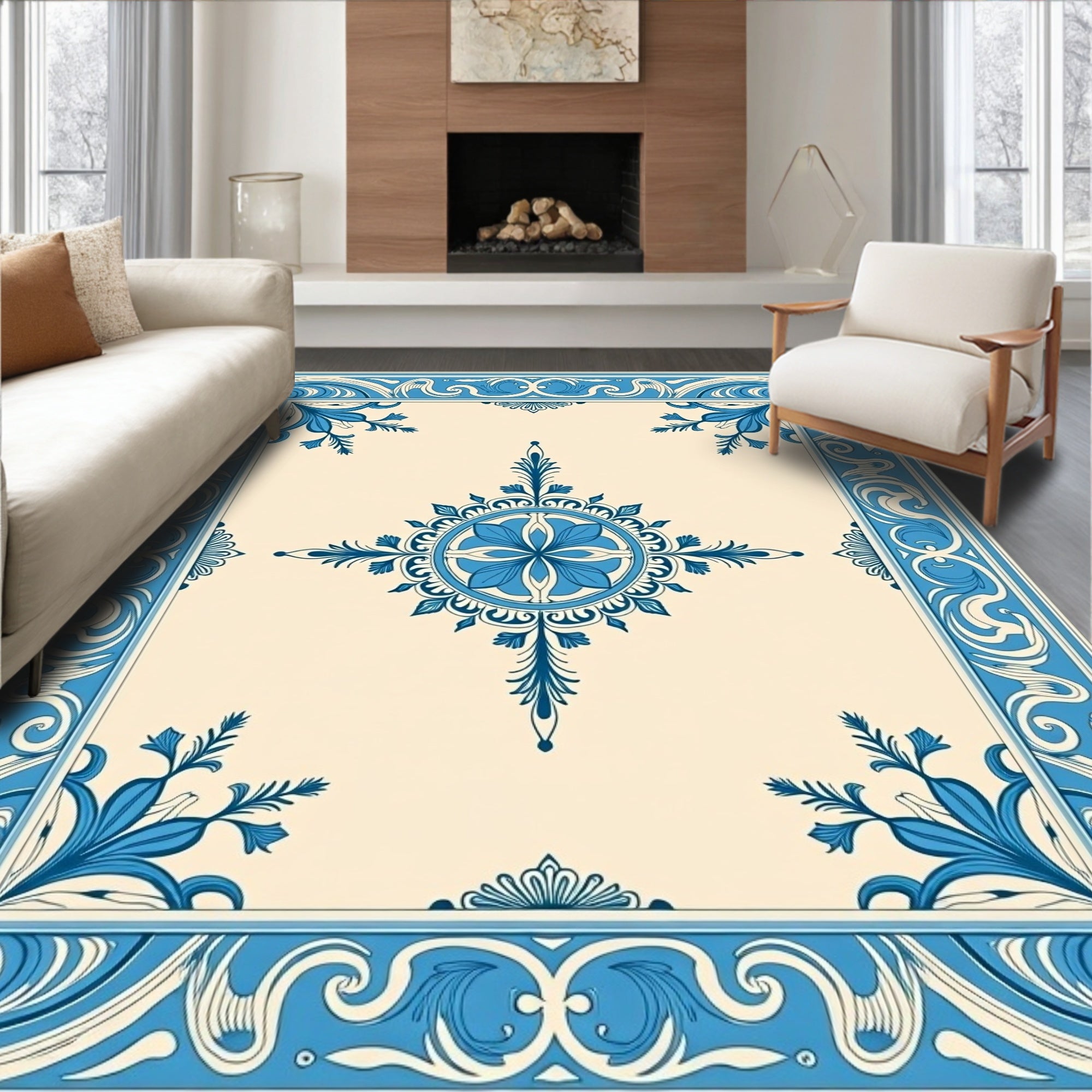 Ornate Blue Floral Symmetry Design Rug