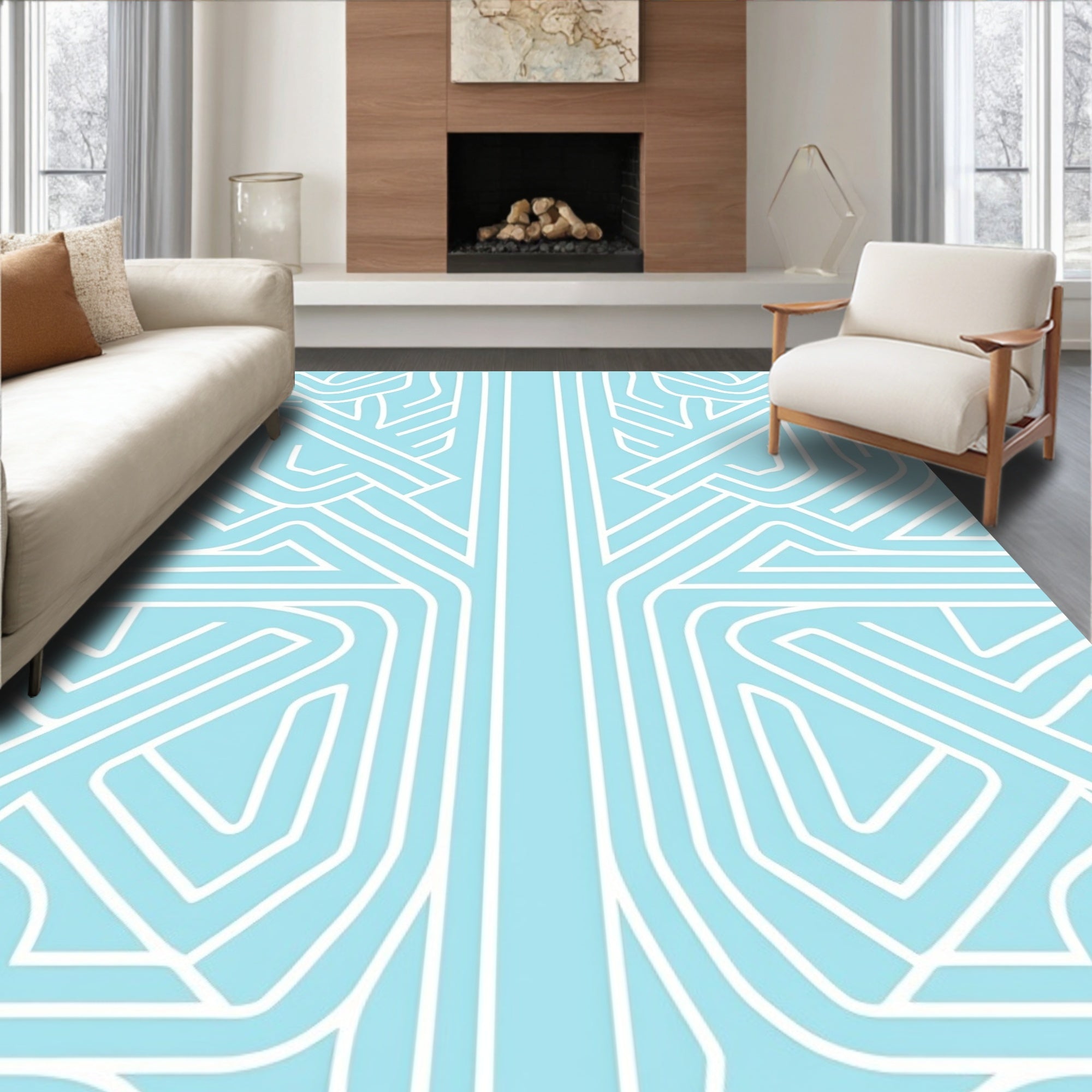 Abstract White Labyrinth Pattern Rug