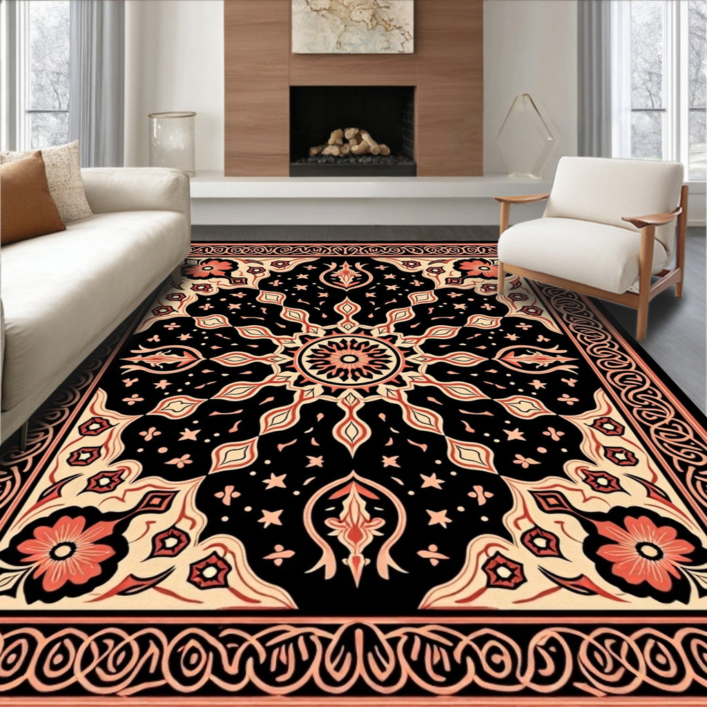 Intricate Floral Sunburst Black and Red Rug