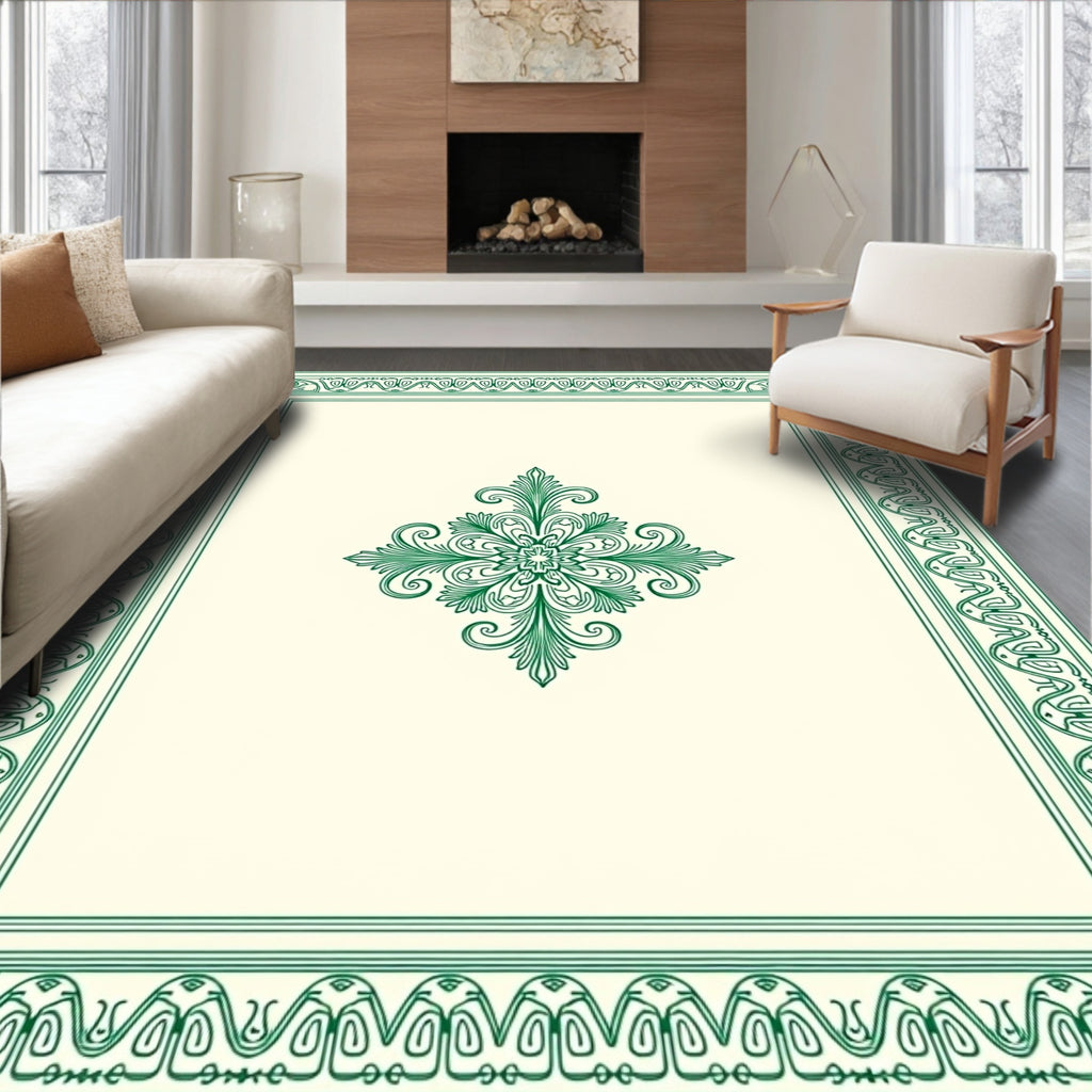 Elegant Green Leaf Scroll Border Design Rug