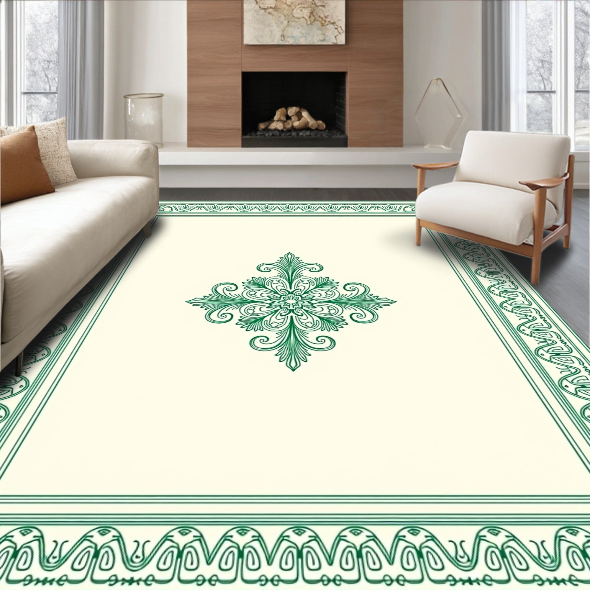 Elegant Green Leaf Scroll Border Design Rug