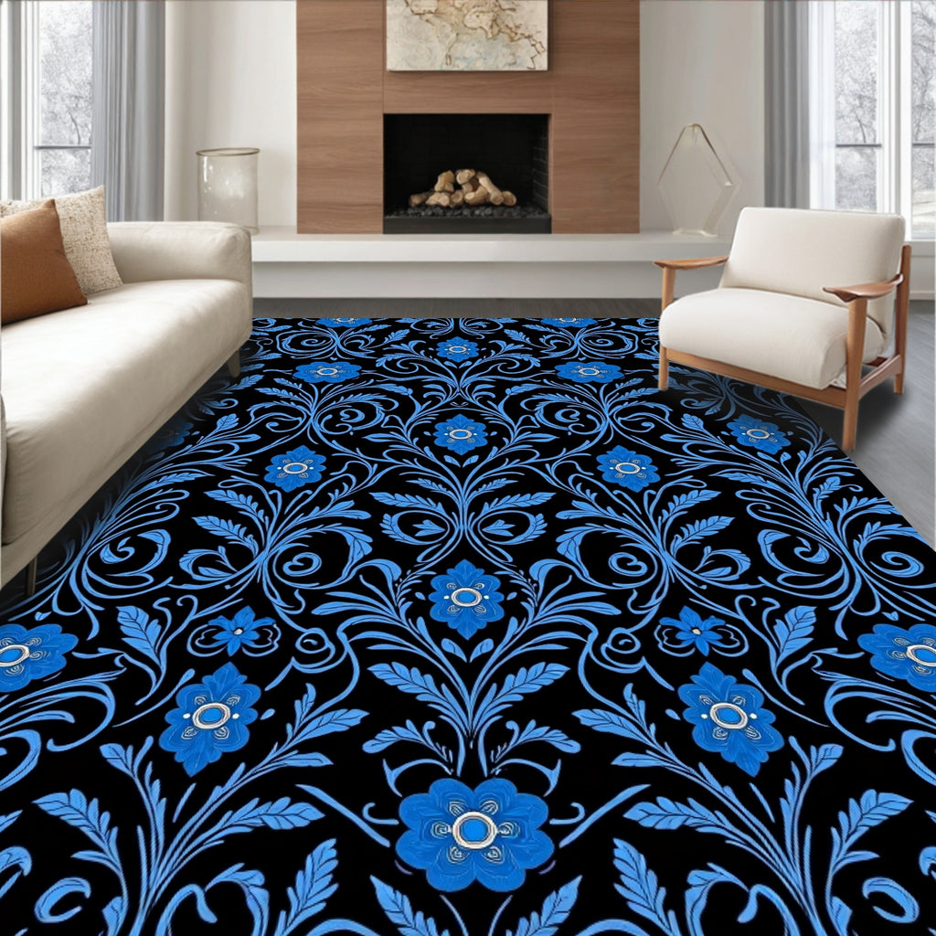 Blue Floral Scroll Patterned Rug