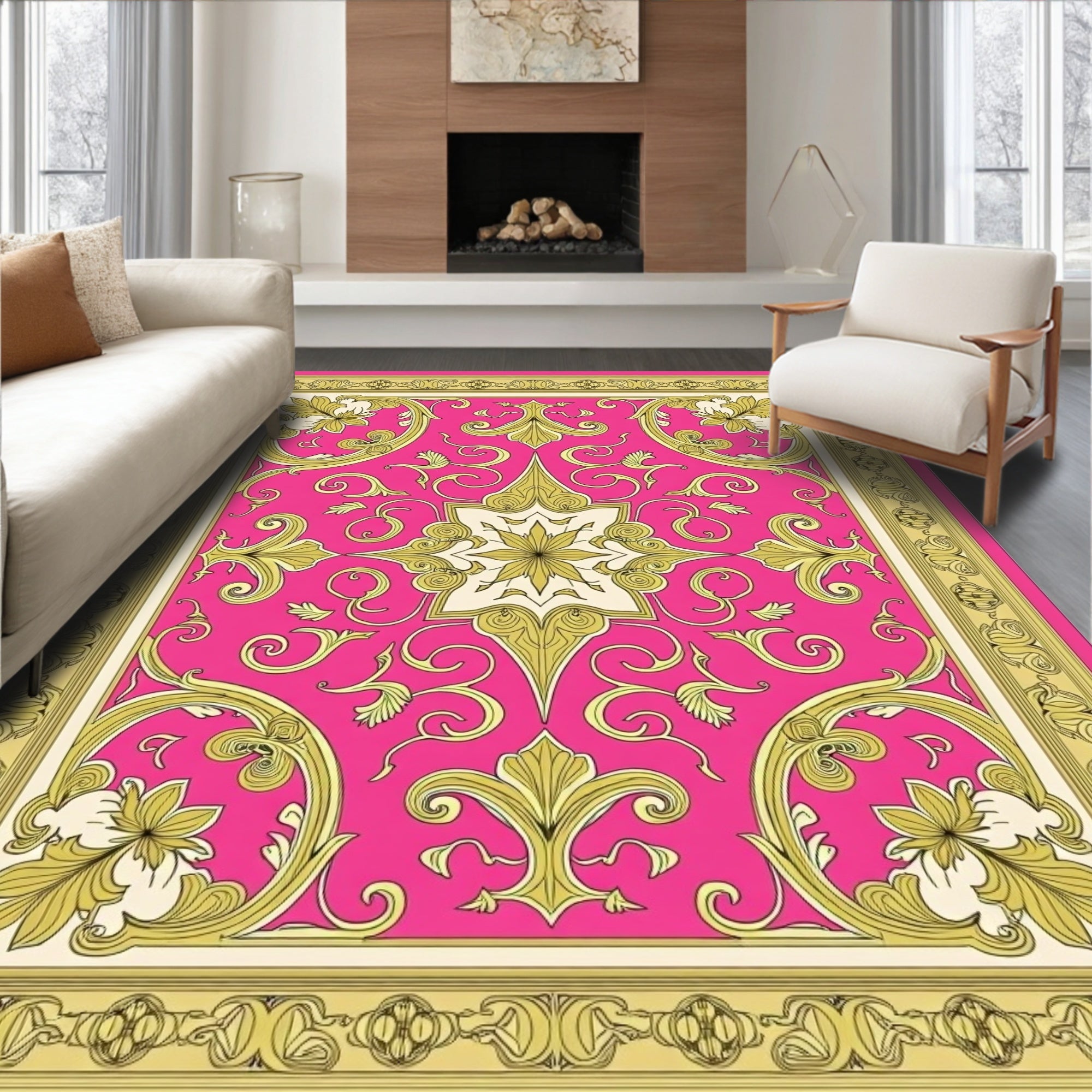 Ornate Floral Gold Pink Patterned Rug