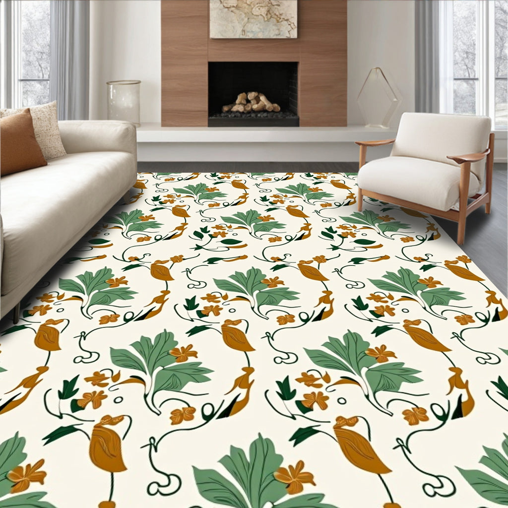 Nature Inspired Bird Leaf Pattern Rug