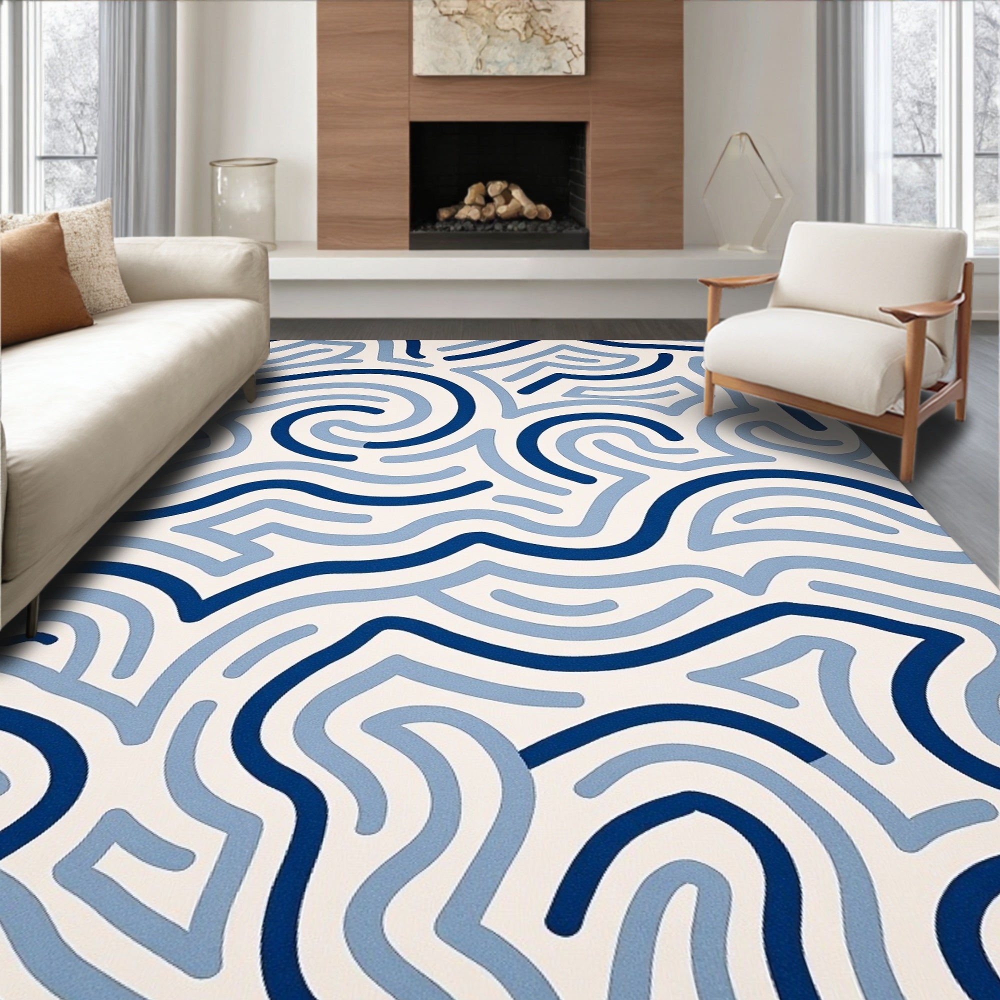 Abstract Blue Swirls Pattern Rug