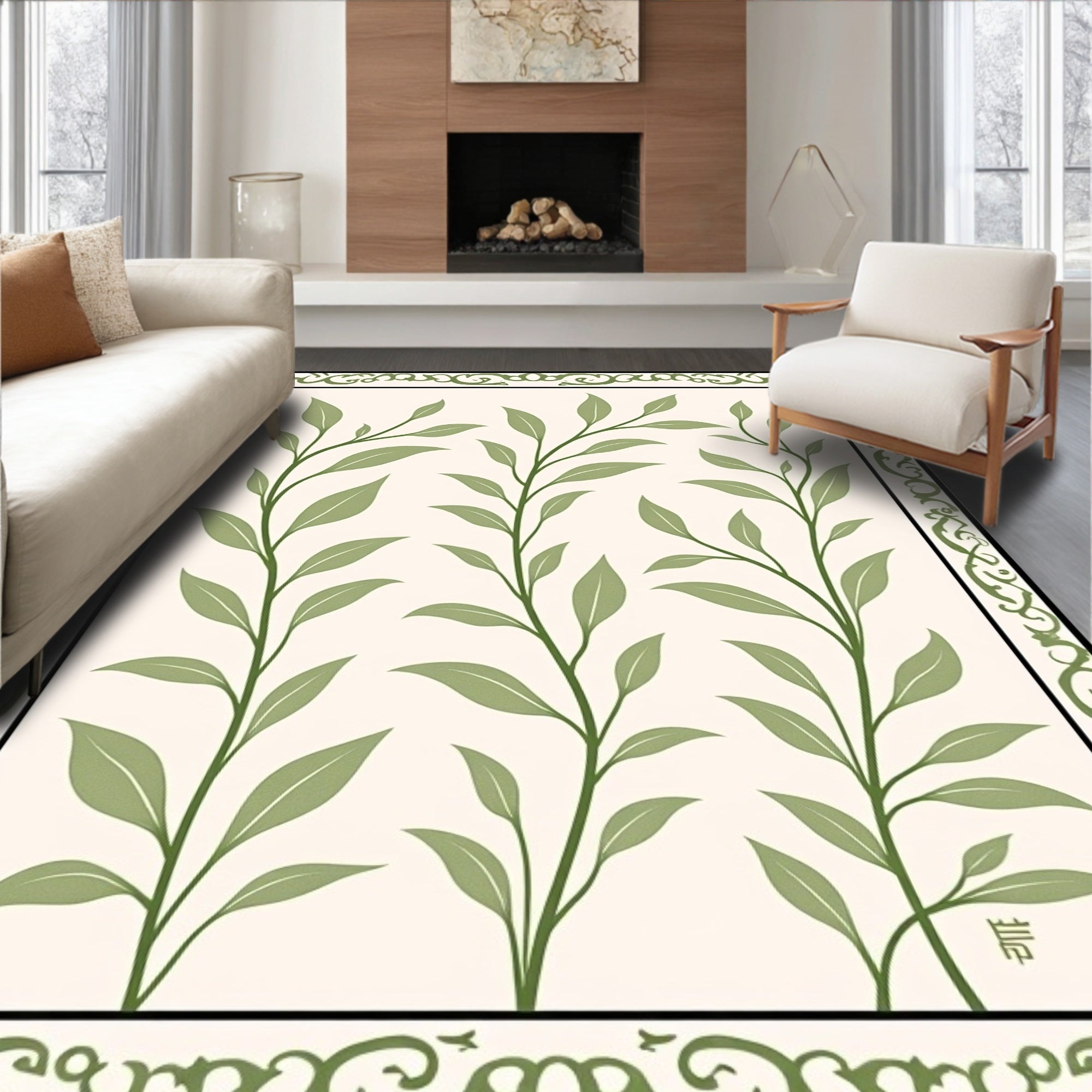 Elegant Green Leaf Vine Pattern Rug