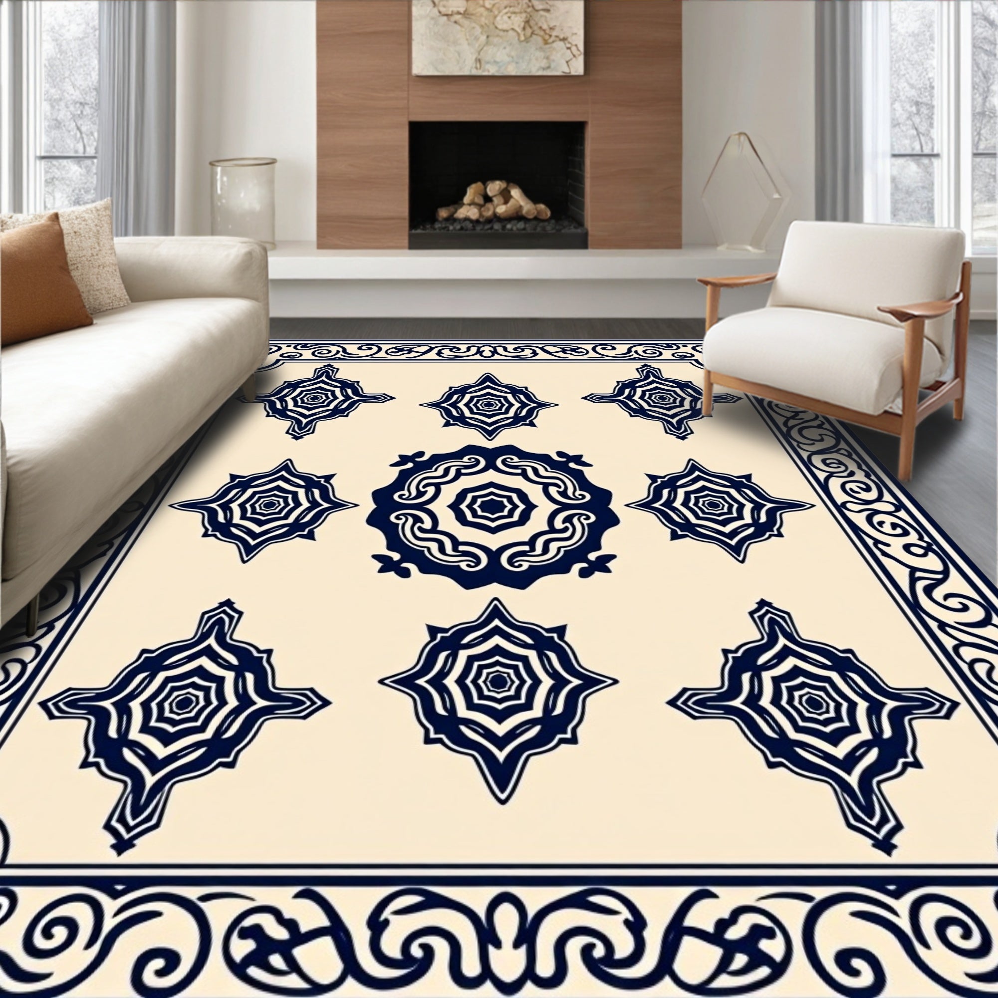 Navy Floral Starburst Pattern Rug