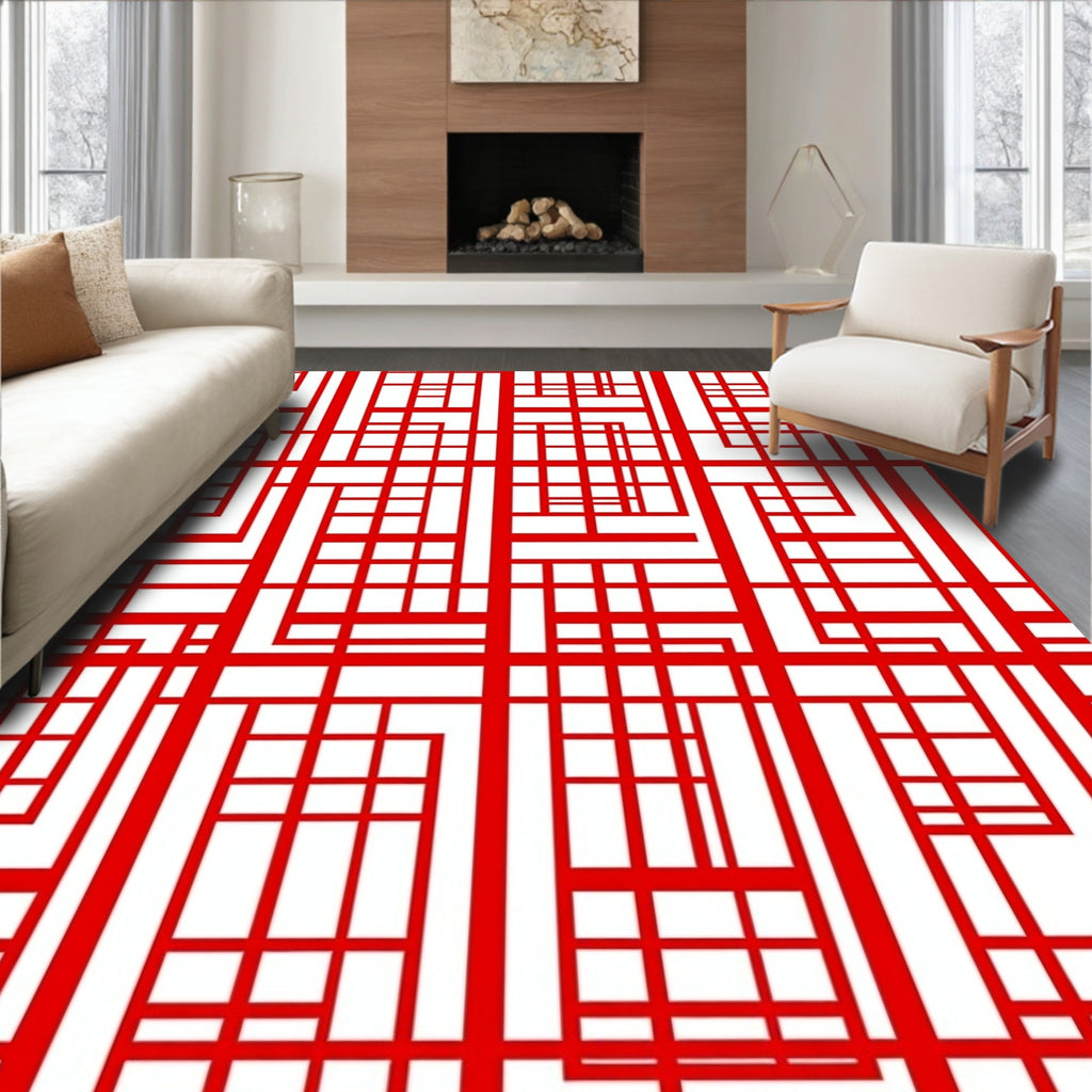 Bold Red Geometric Line Grid Rug