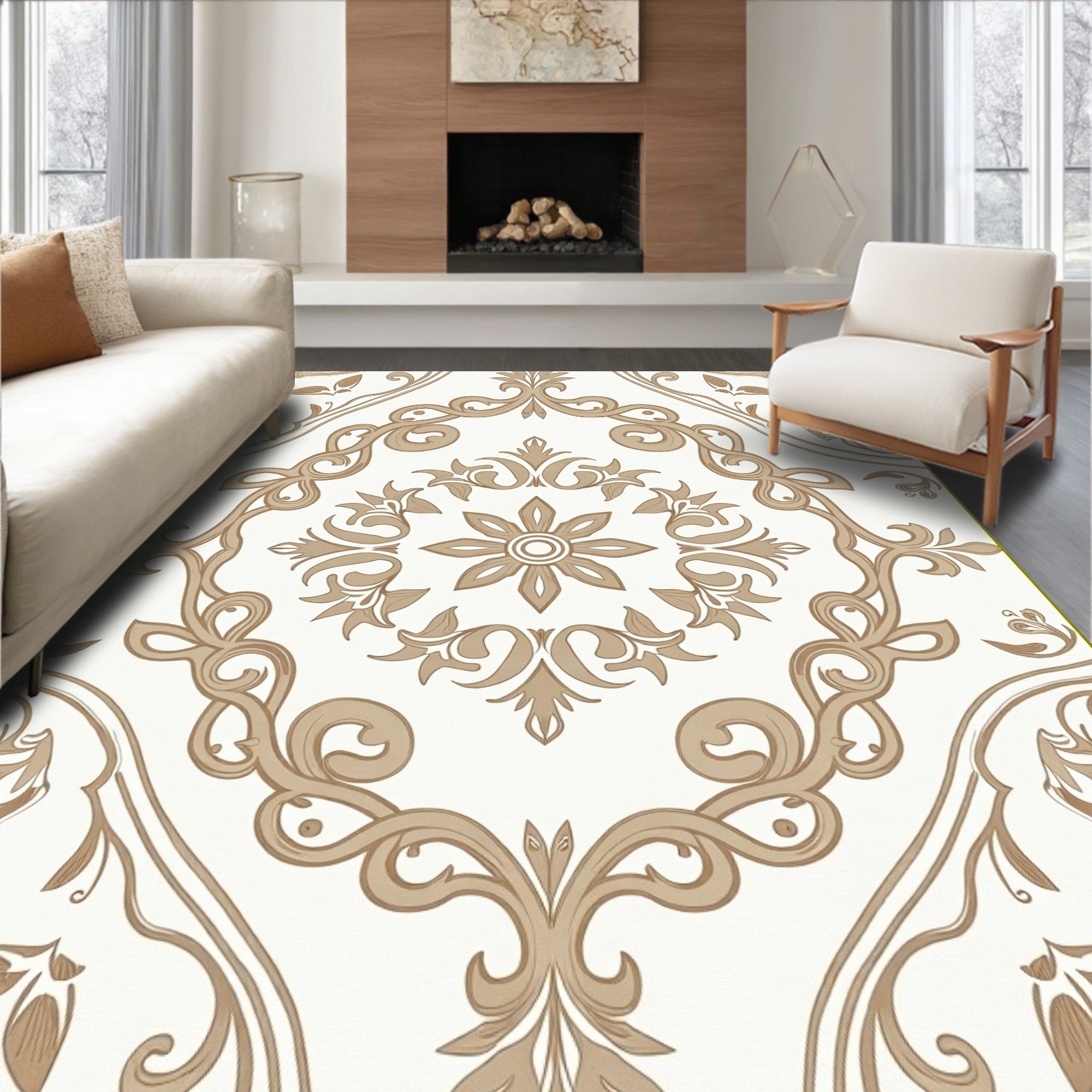 Elegant Floral Scrollwork Brown Tan Pattern Rug