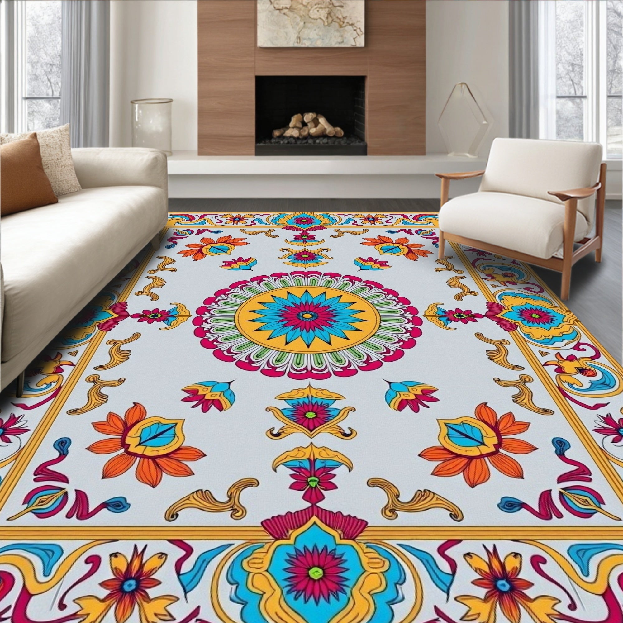 Vibrant Floral Medallion Border Rug