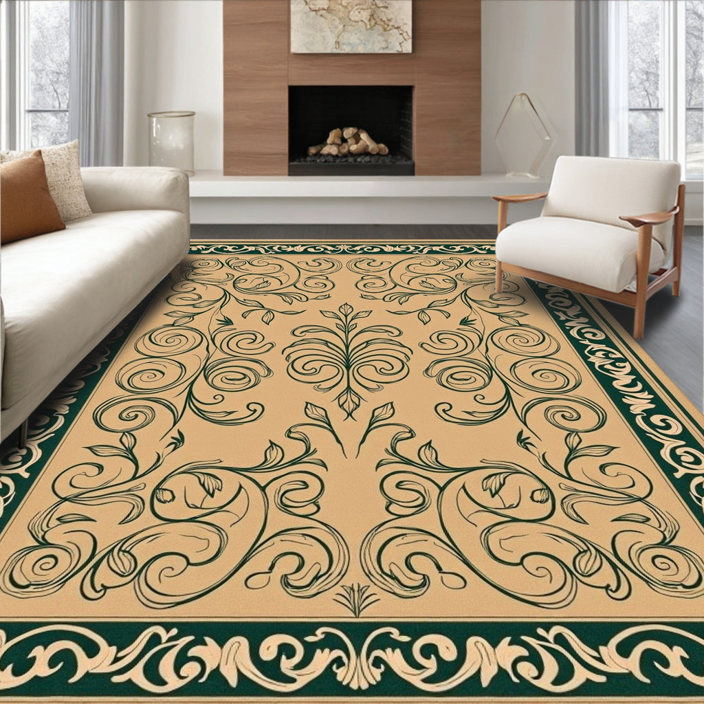 Elegant Green Floral Scrollwork Design Rug