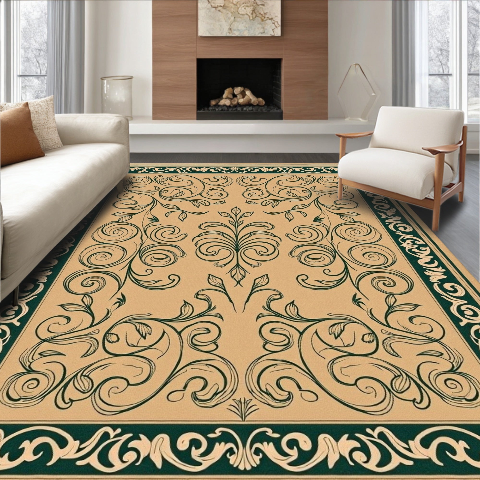 Elegant Green Floral Scrollwork Design Rug