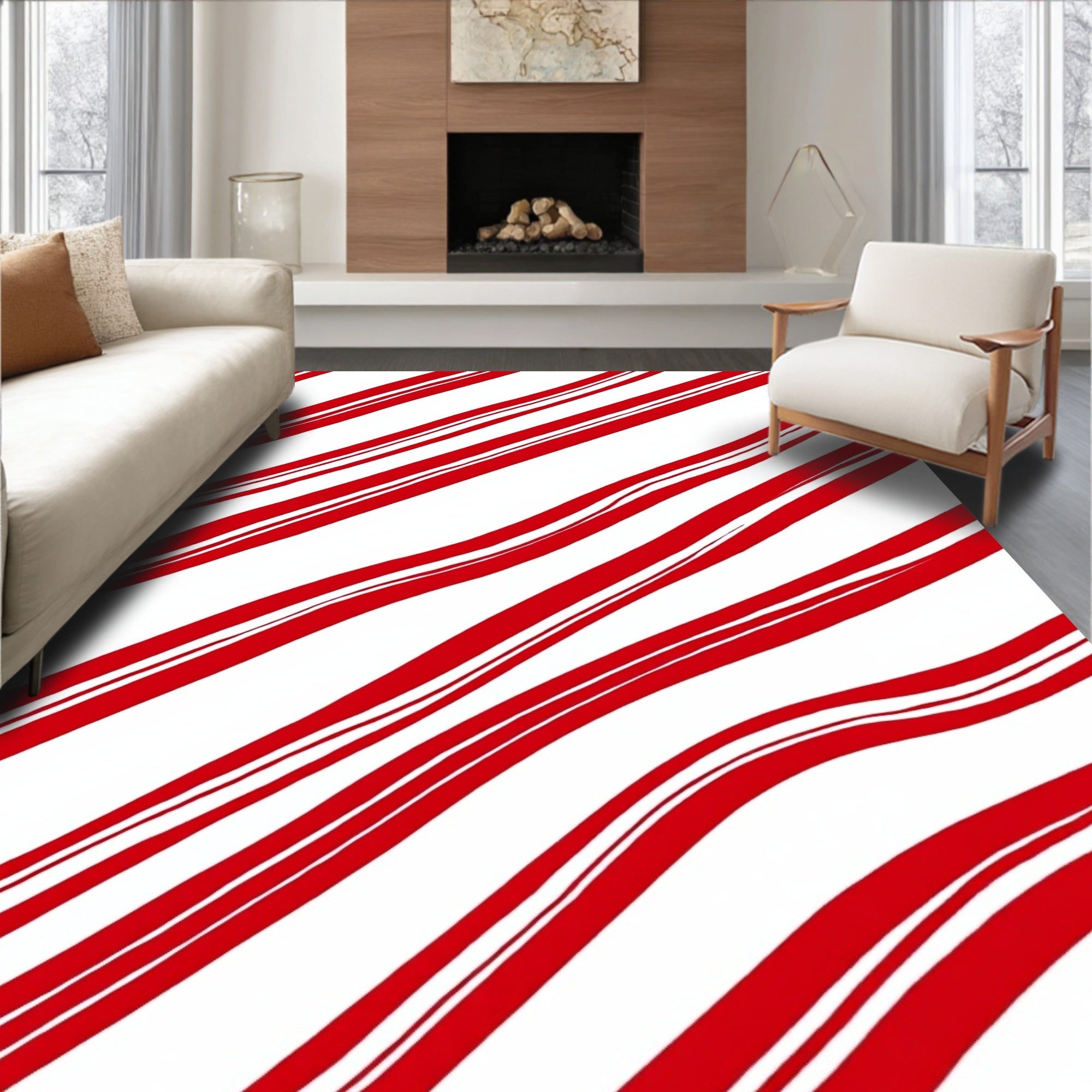 Crisp Red White Diagonal Candy Cane Stripes Rug