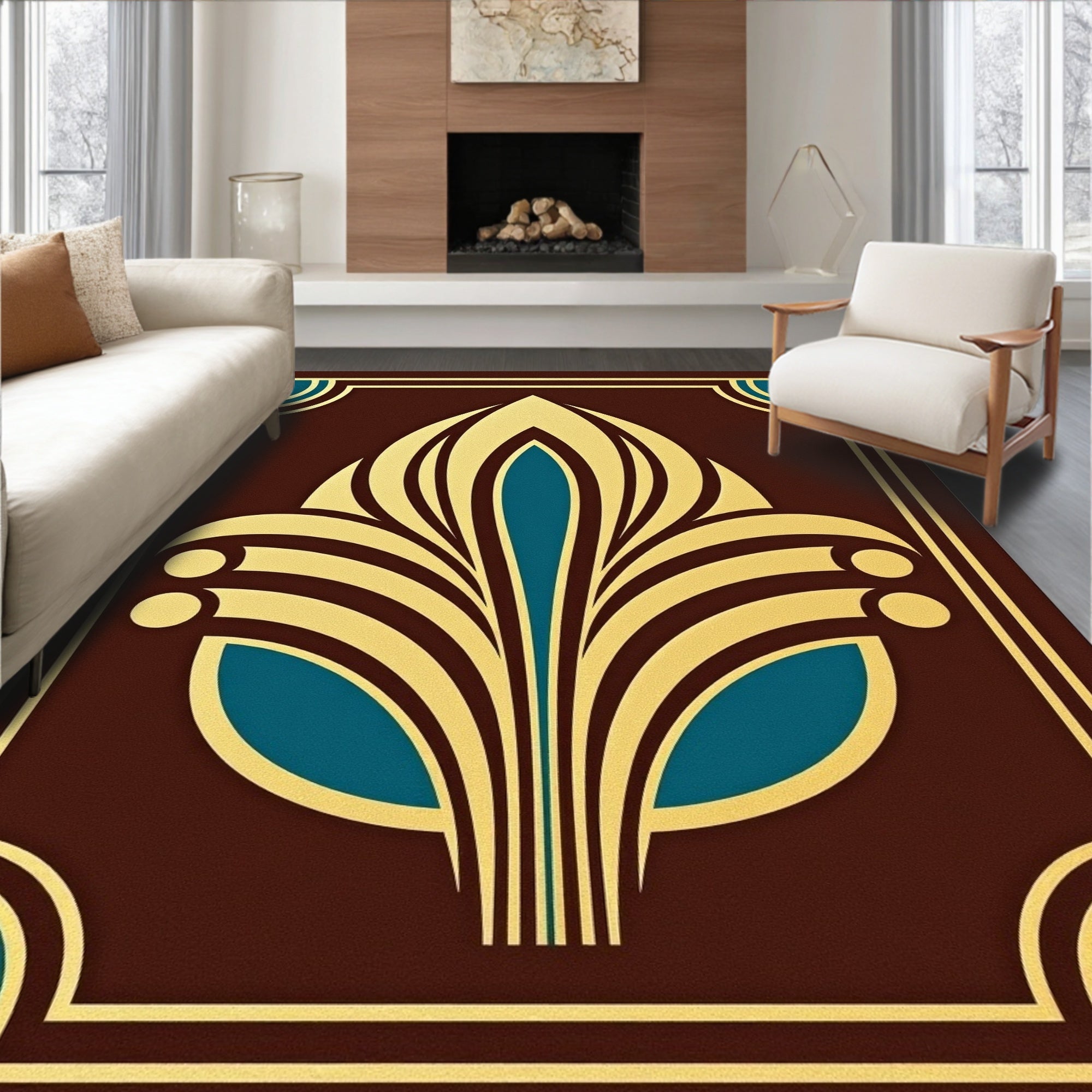 Art Deco Fan Pattern Brown Gold Rug