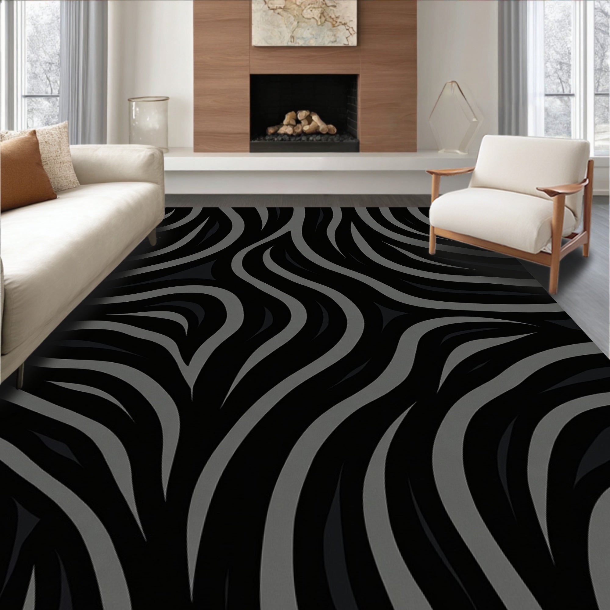 Graphic Black Grey Wavy Pattern Rug