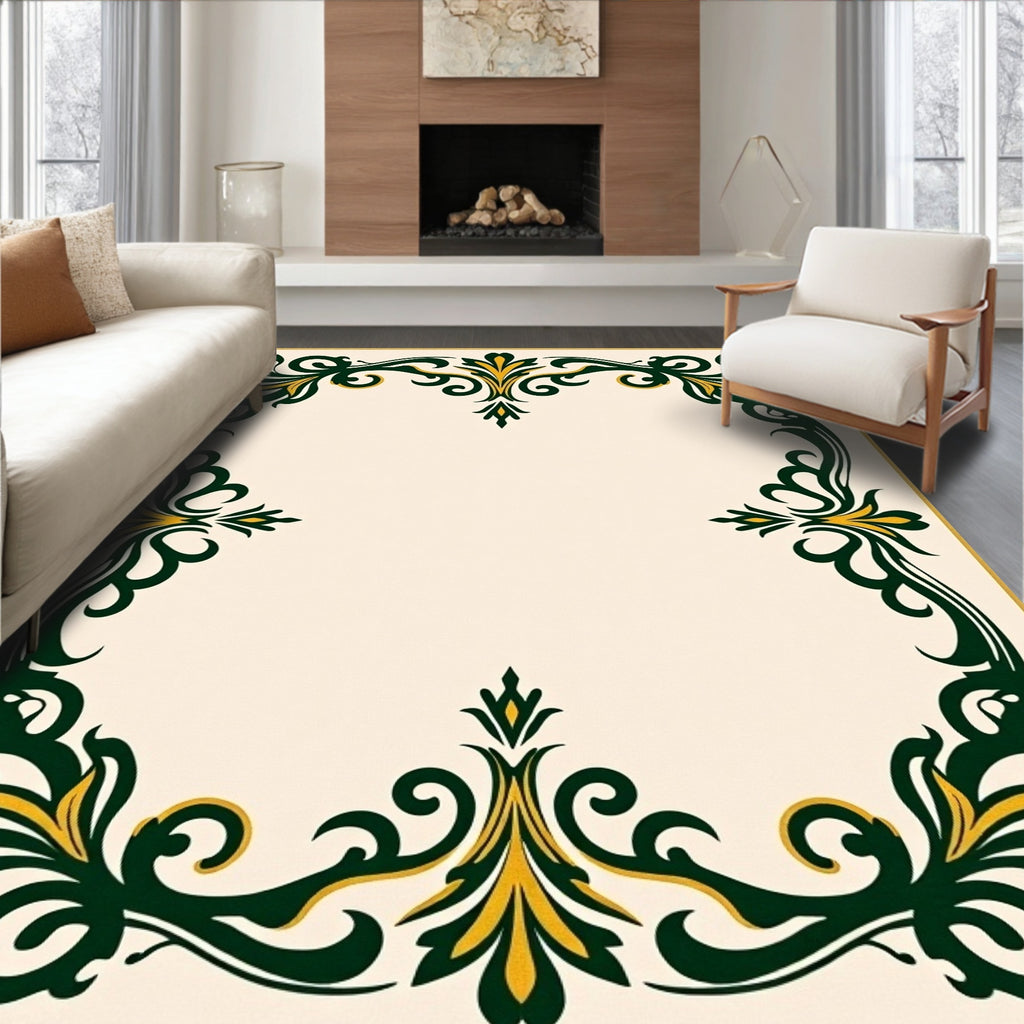 Ornate Floral Dark Green Yellow Design Rug