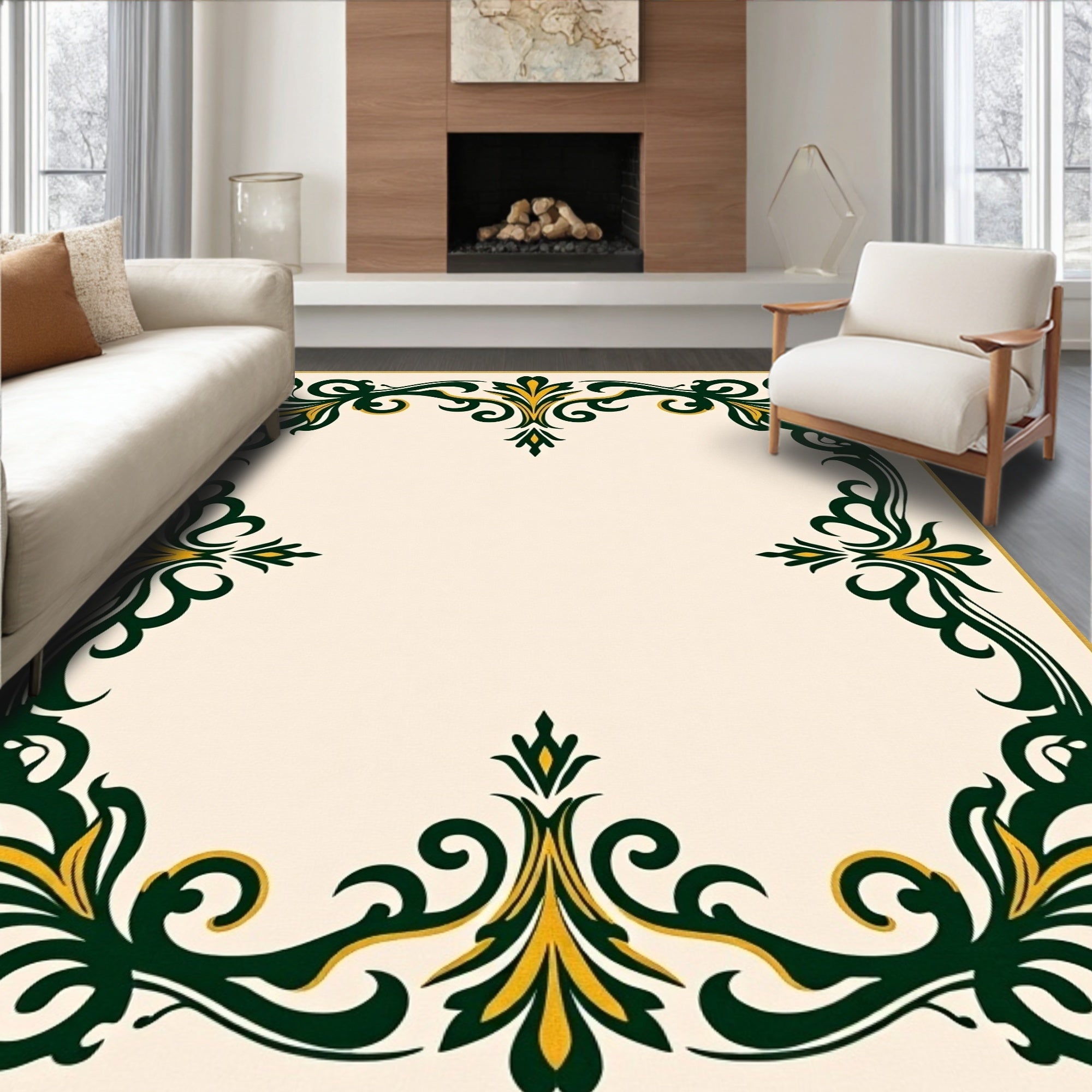 Ornate Floral Dark Green Yellow Design Rug