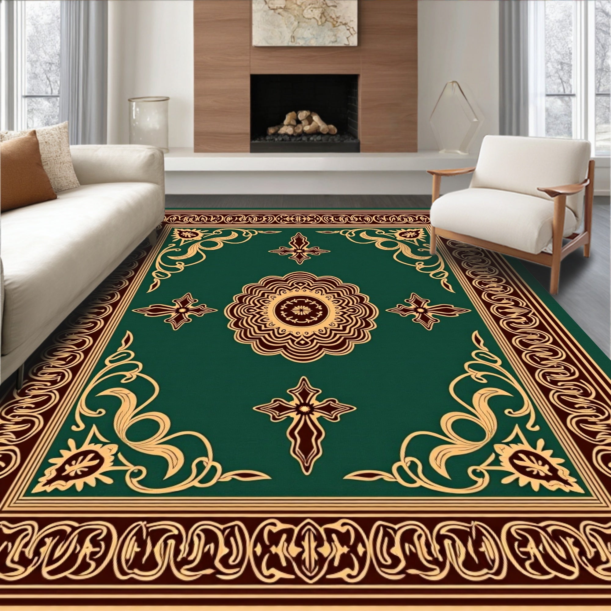 Ornate Floral Medallion Border Rug