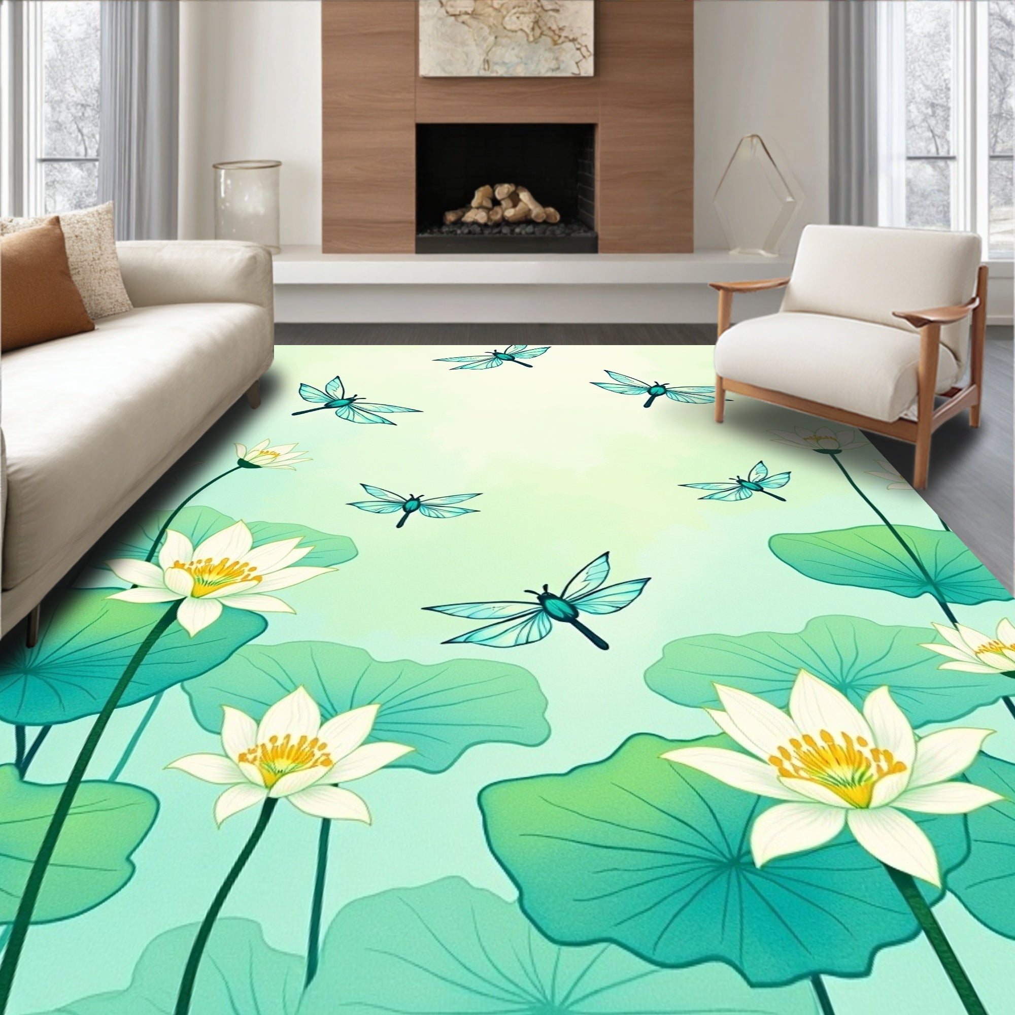 Dragonfly And Lotus Flower Pattern Rug