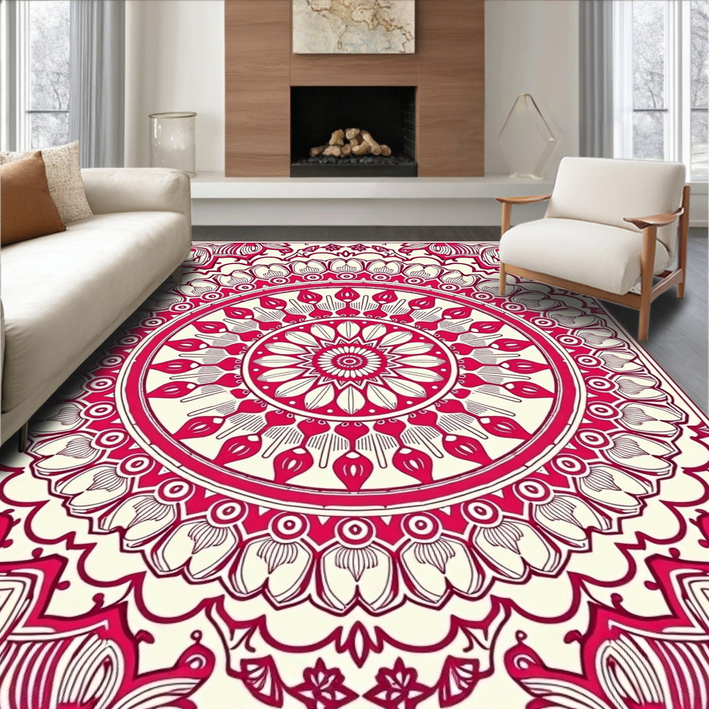 Crimson Mandala Style Floral Design Rug