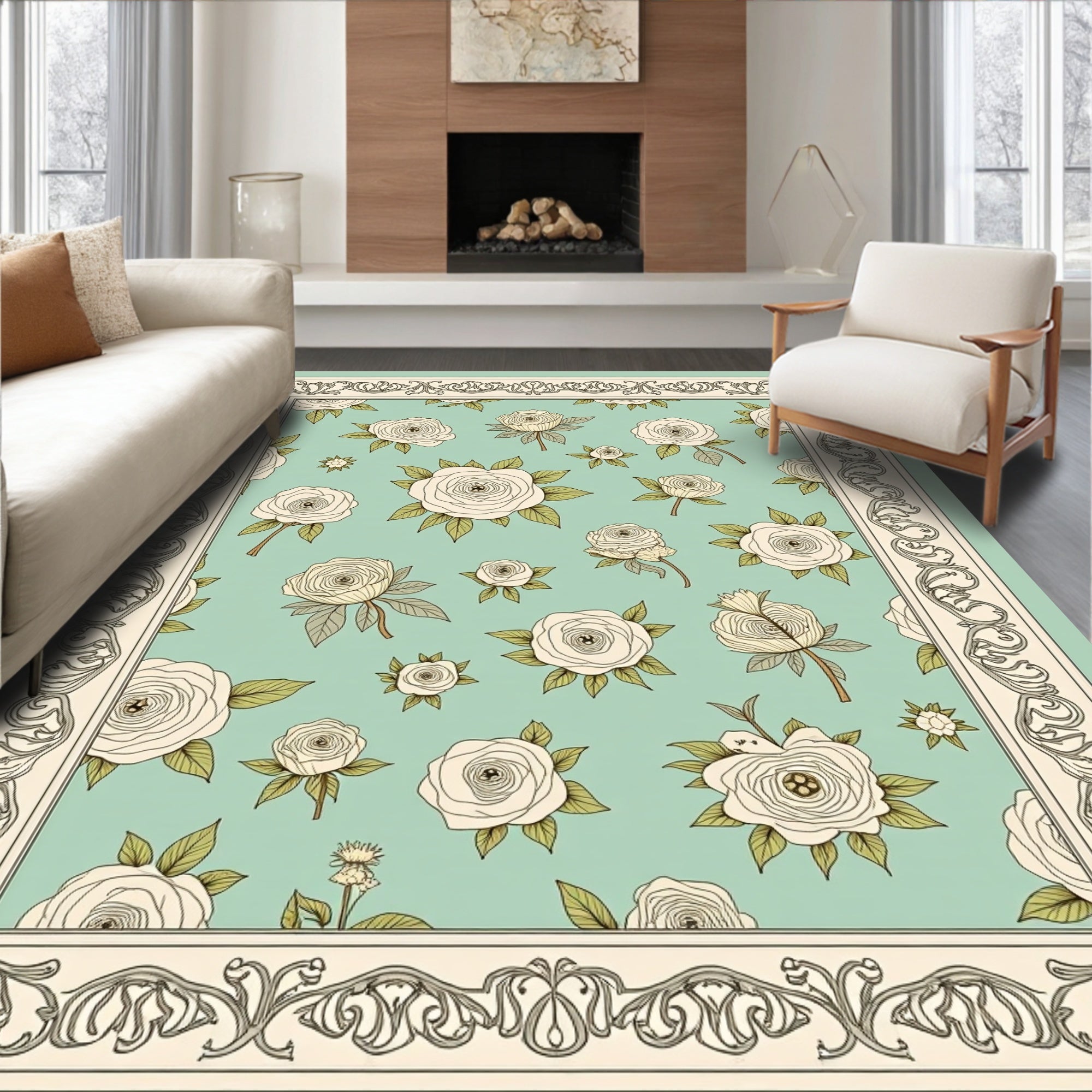 Vintage Floral Outline Border Rug